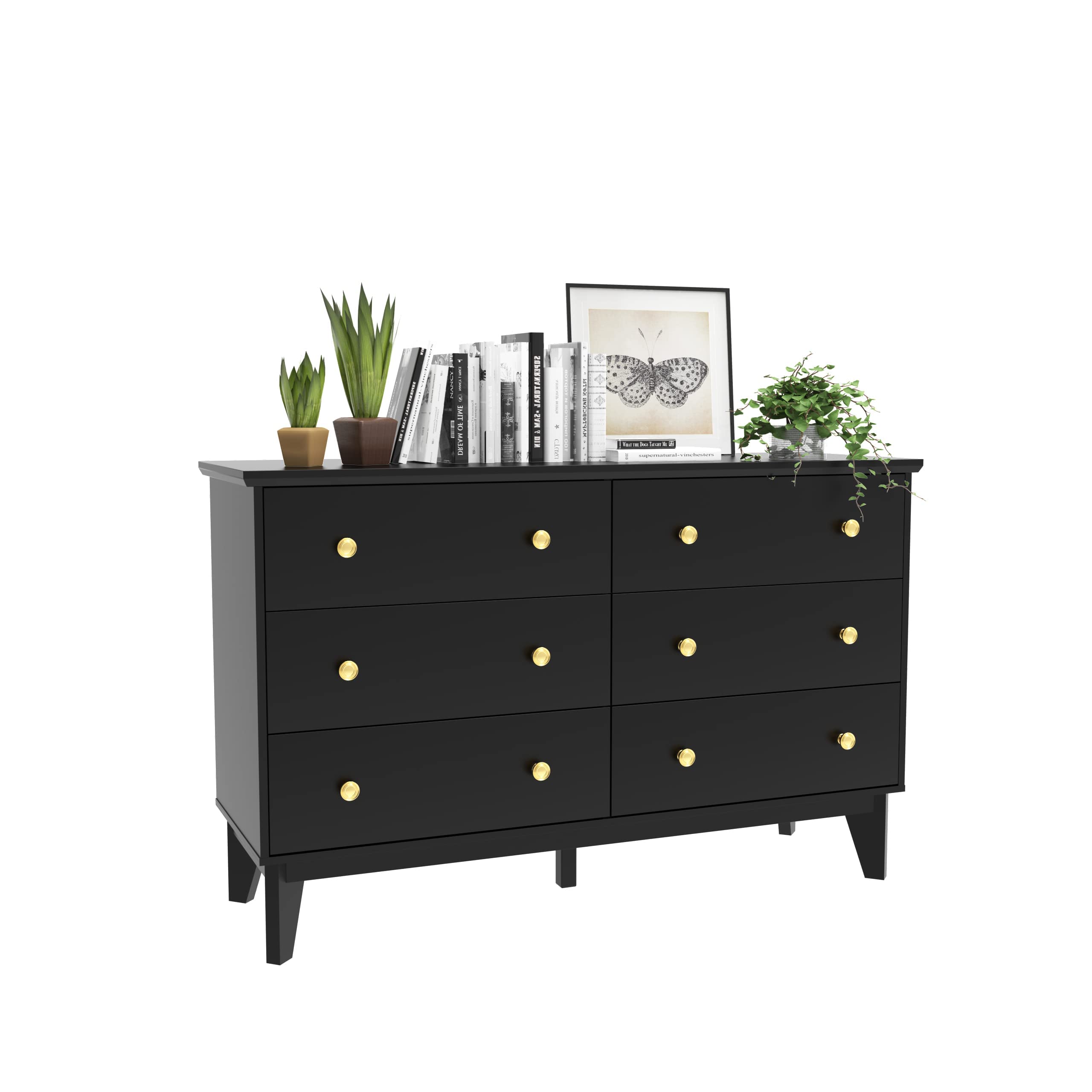 JOZZBY 6-Drawer Black Dresser with Metal Handles,Modern Dresser for Bedroom,Wood Storage Chest of Drawers for Living Room Hallway Entryway, 47.25'' W x 15.75'' D x 30. 9 ''H