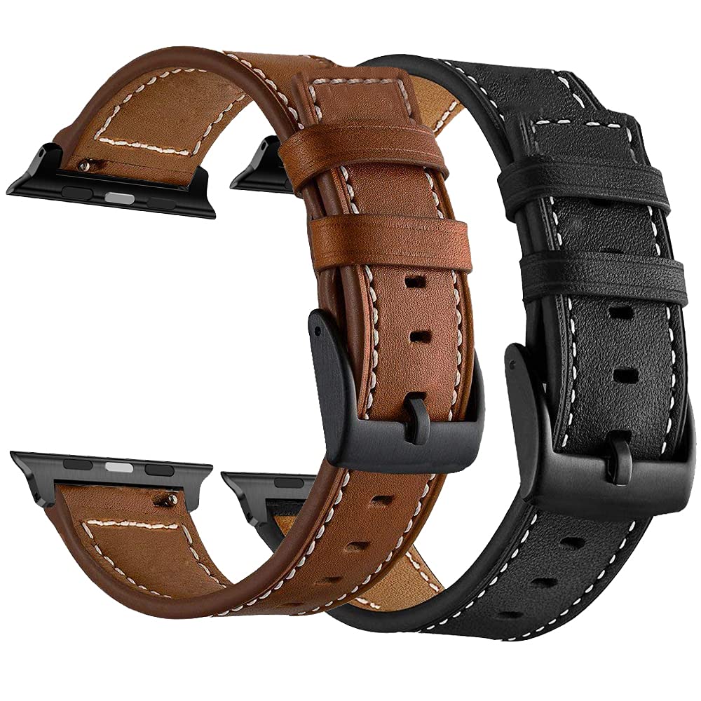 LDFAS Compatible for Apple Watch Band 44mm 42mm, (Large) Leather Watch Strap with Black Buckle Compatible for Apple Watch SE, Apple Watch Series 6/5/4/3 Smartwatch,Brown+Black (2 Pack)