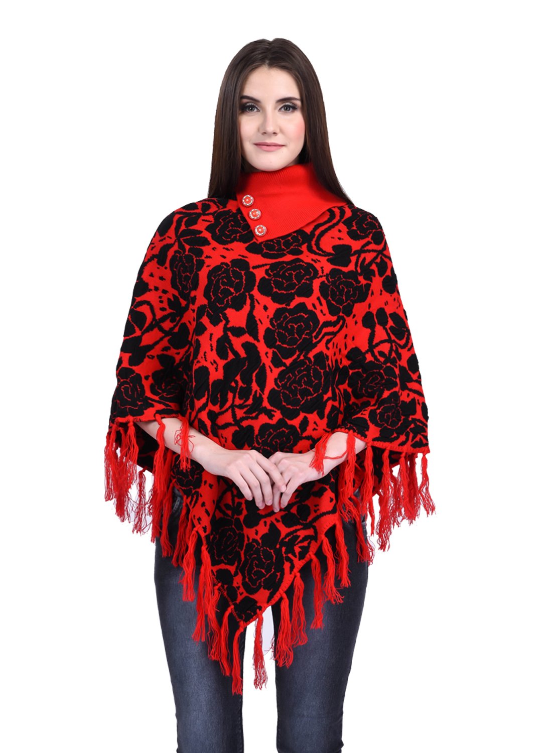 eWoolsWomen's Floral Woolen Poncho (L, Black)