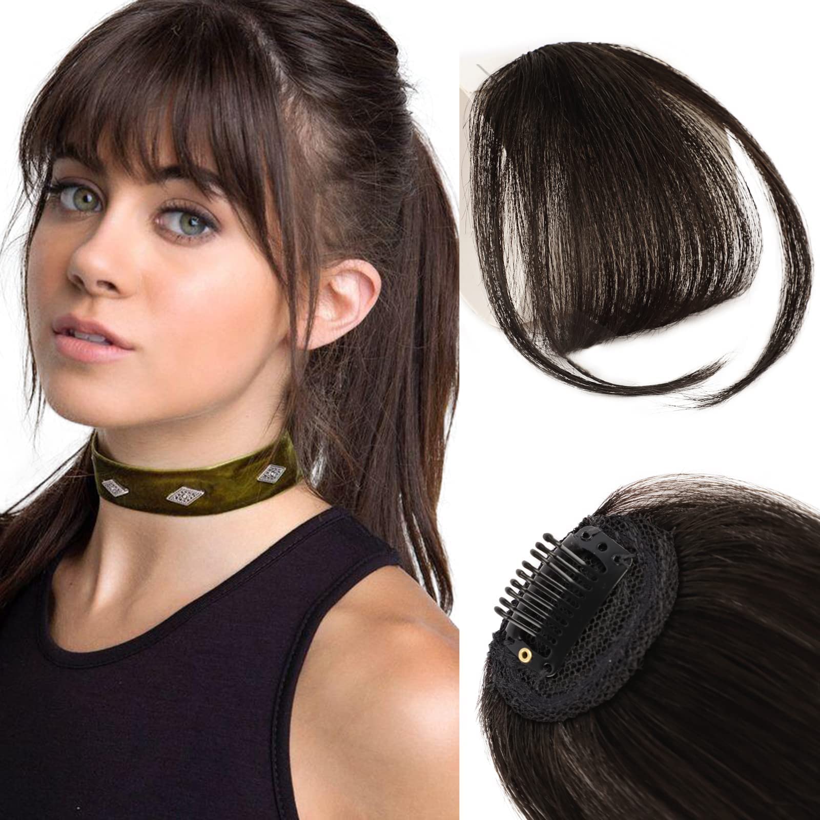 TYCA Bangs Hair Clip in Bangs Human Hair for Women Wispy Bangs Fringe with Temples Hairpieces Clip on Air Bangs Flat Neat Bangs Hair Extension for Daily Wear (Brown Black)