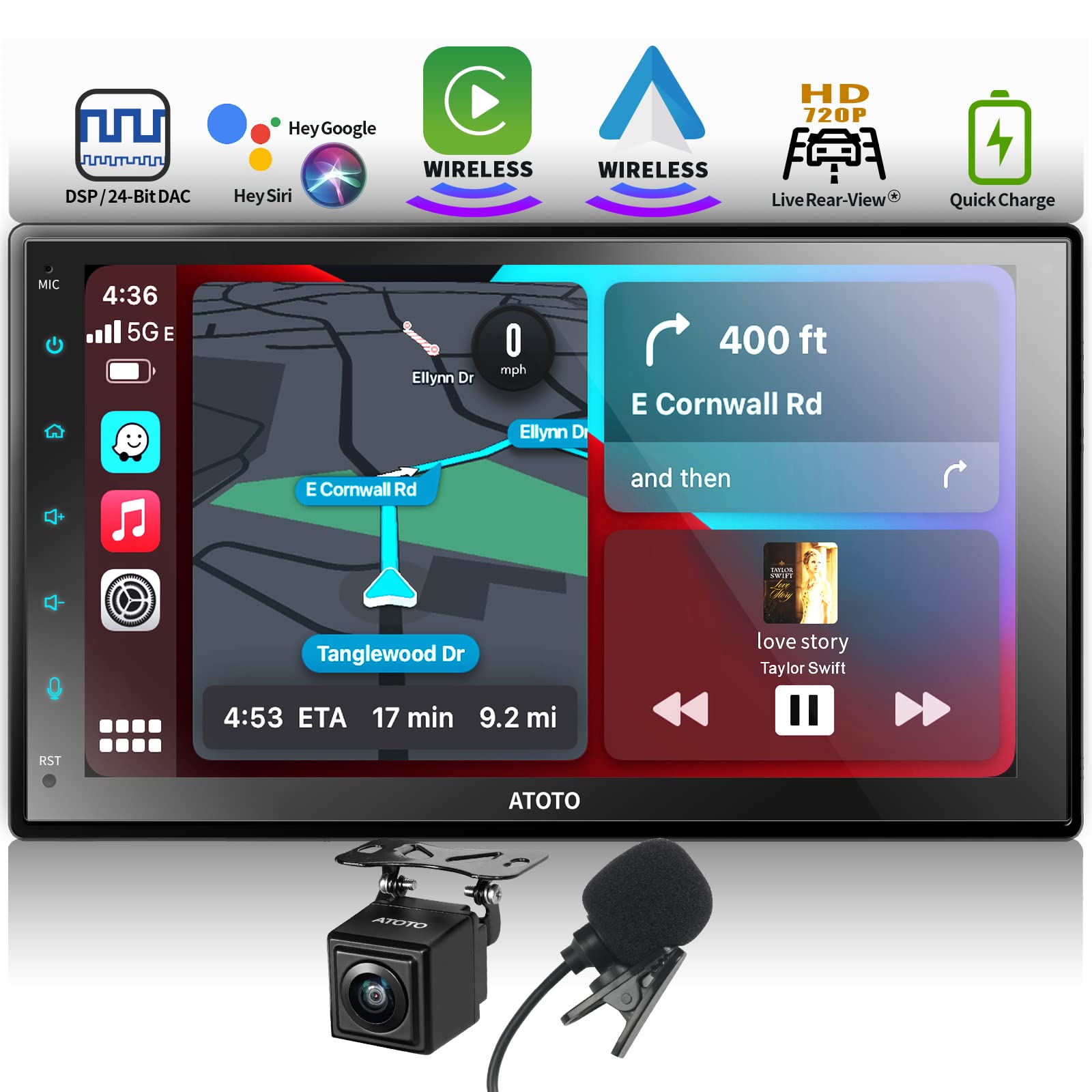 ATOTO7inch Full Touchscreen Car Stereo Double DIN, Wireless CarPlay & Wireless Android Auto, Car Radio with Bluetooth, MirrorLink, HD Live Rearview with Backup Camera, Mic, Quick Charge, F7G2B7WES01