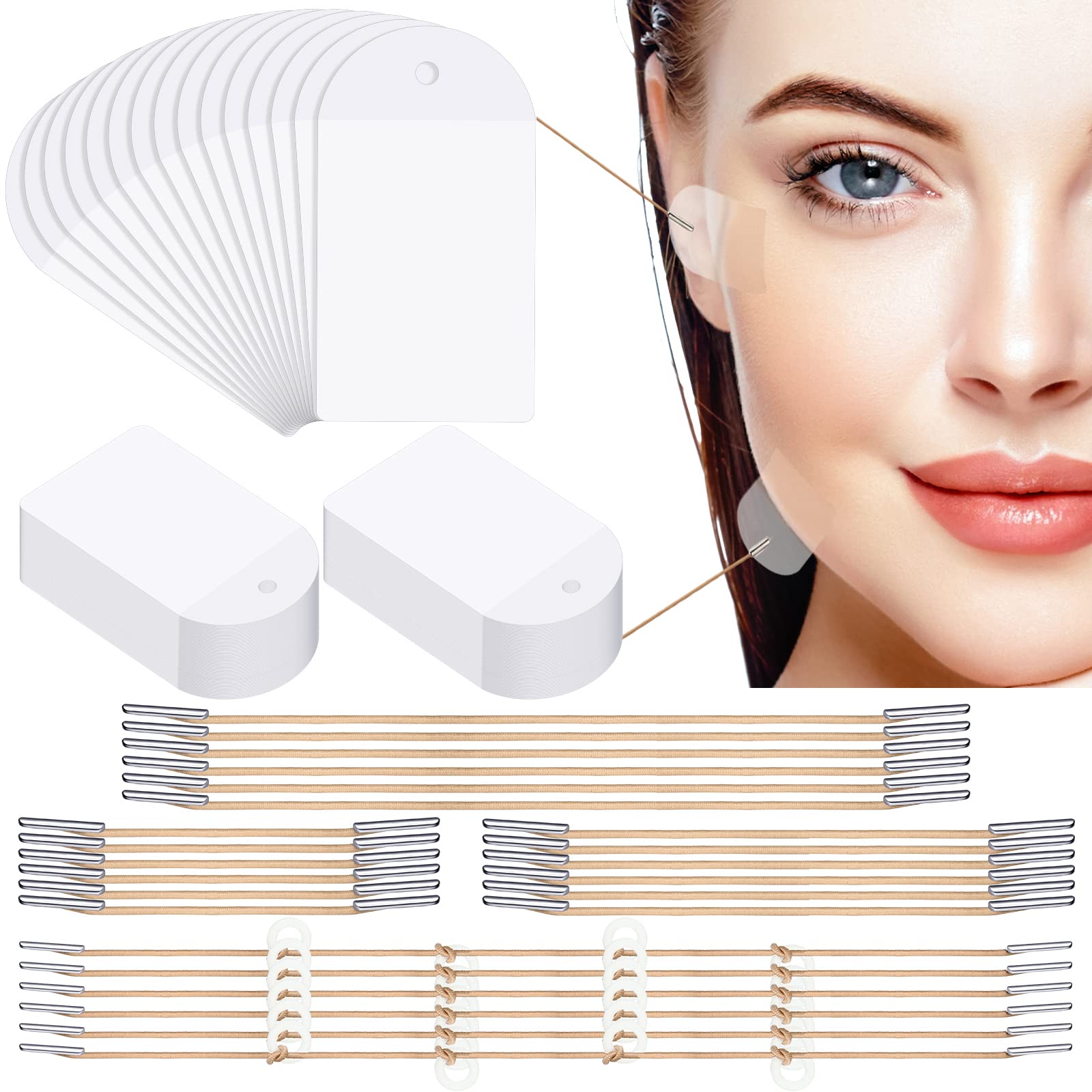 Maitys 204 Pieces Face Lift Tapes with Lifting Rope Sets 180 Pieces Face Tape Lifting Invisible Adhesive Lifting Patch Quick Face Lifting Band Neck and Eye Lift Tape for Women Ladies Face Beauty