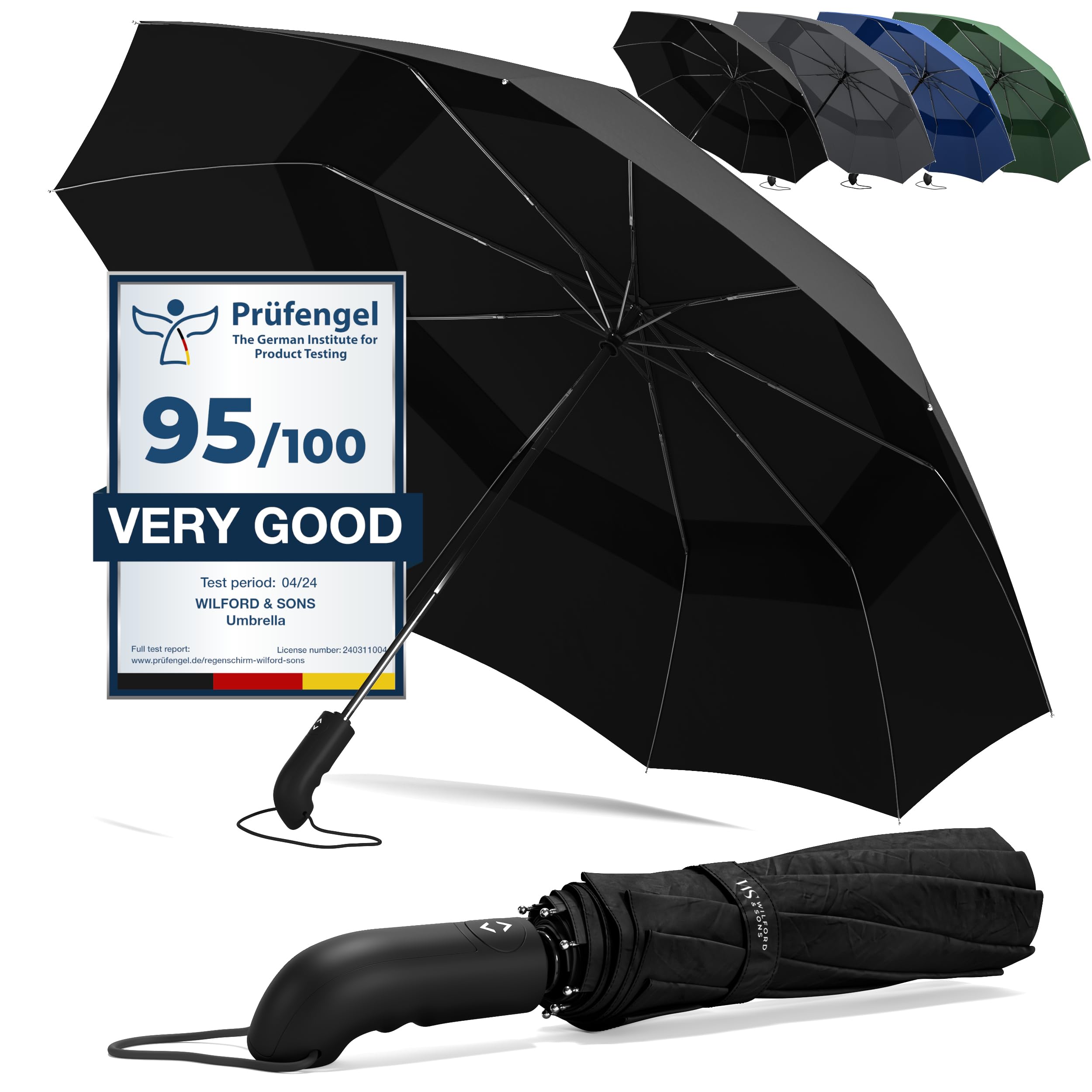 Umbrella Windproof Compact - Strong Storm Proof Frame + Auto Open Close | Women Mens Lightweight Small Travel Folding Golf Brolly + Double Canopy, Ergonomic Handle | Water Resistant Teflon Black