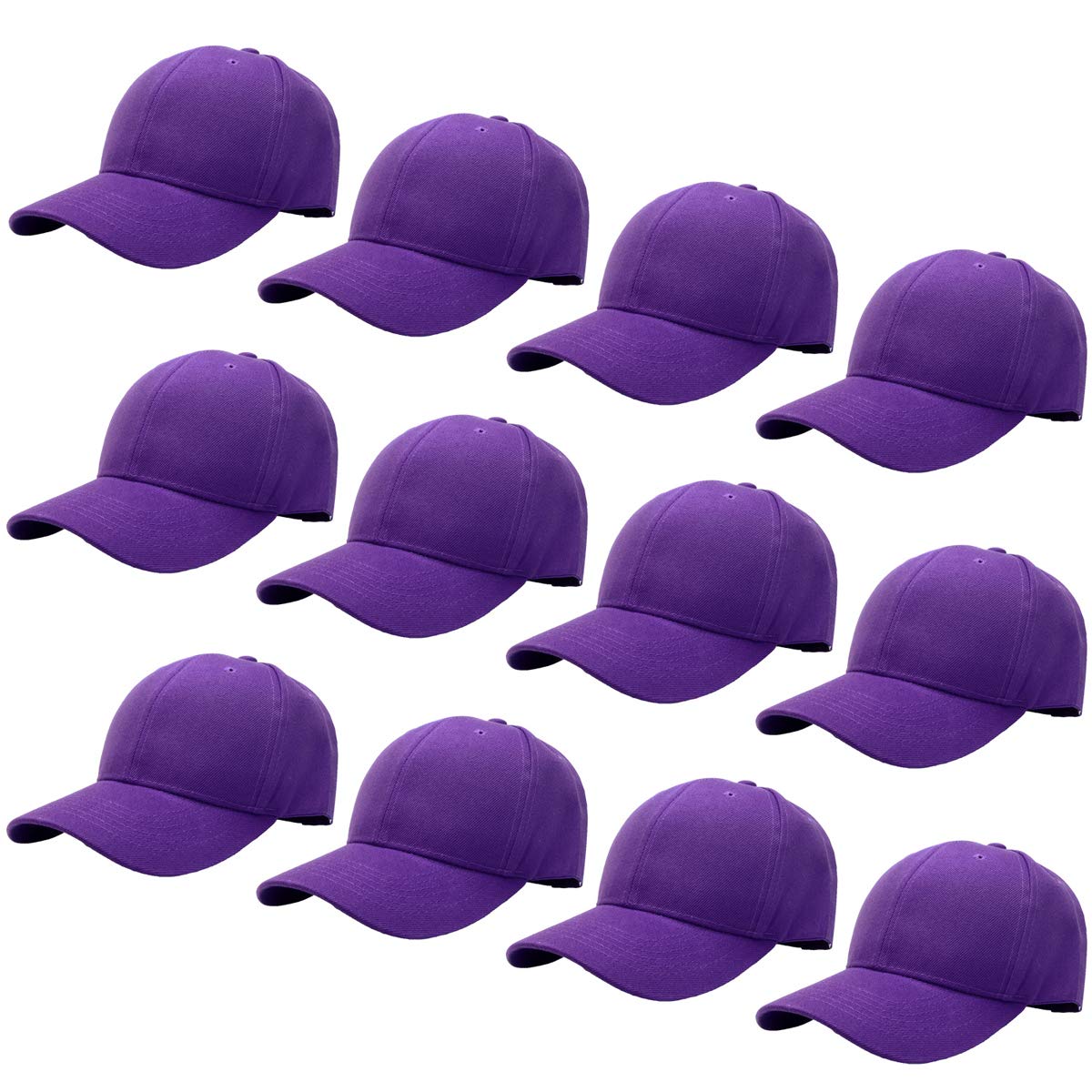 FalariWholesale 12-Pack Baseball Cap Adjustable Size Plain Blank Solid Color (Purple)