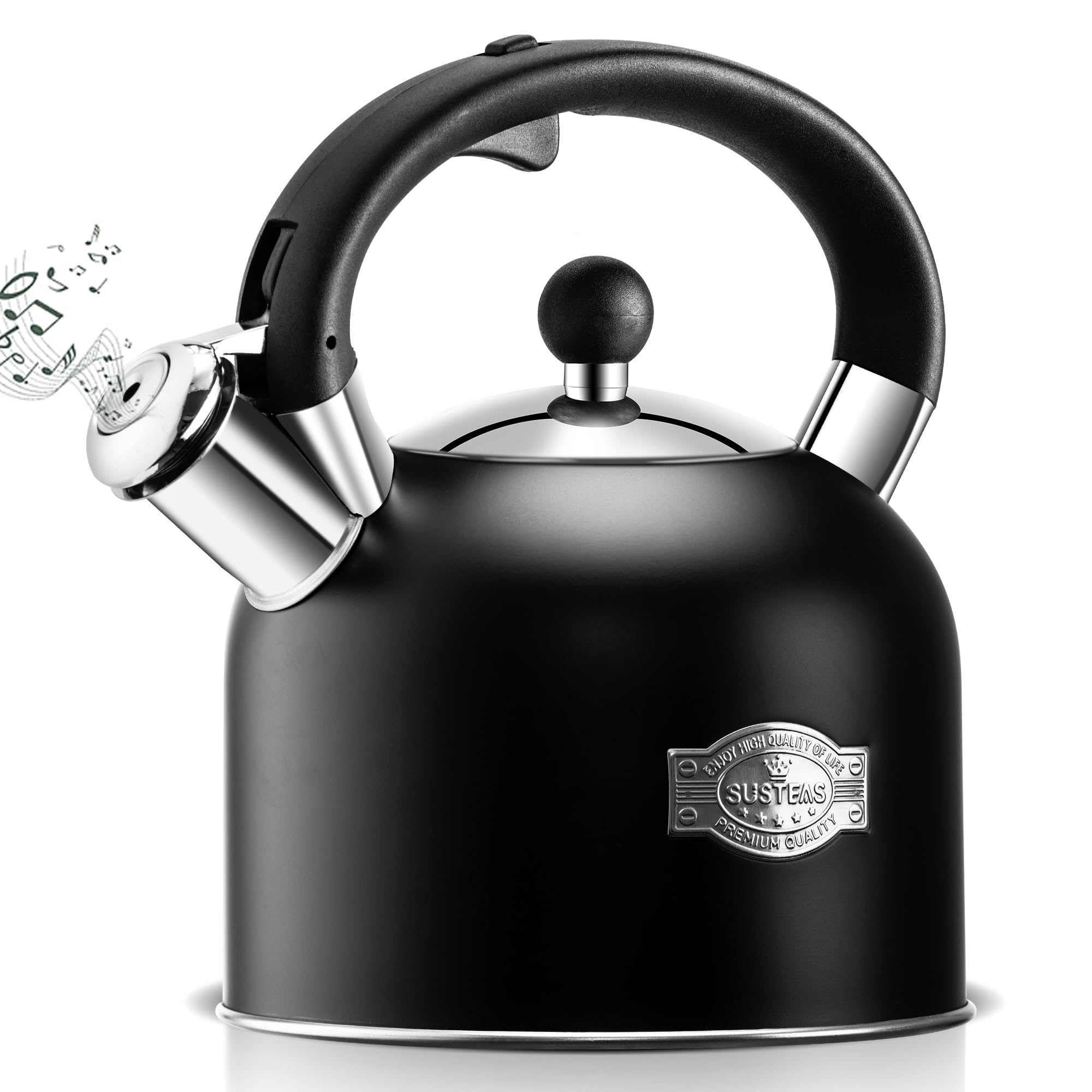 SUSTEAS Tea Kettle - 3.17QT Whistling Kettle with Ergonomic Handle - Premium Stainless Steel Tea Pots for Stove Top, Chic Vintage Teapot with Composite Base, Work for All Stovetops (Black)