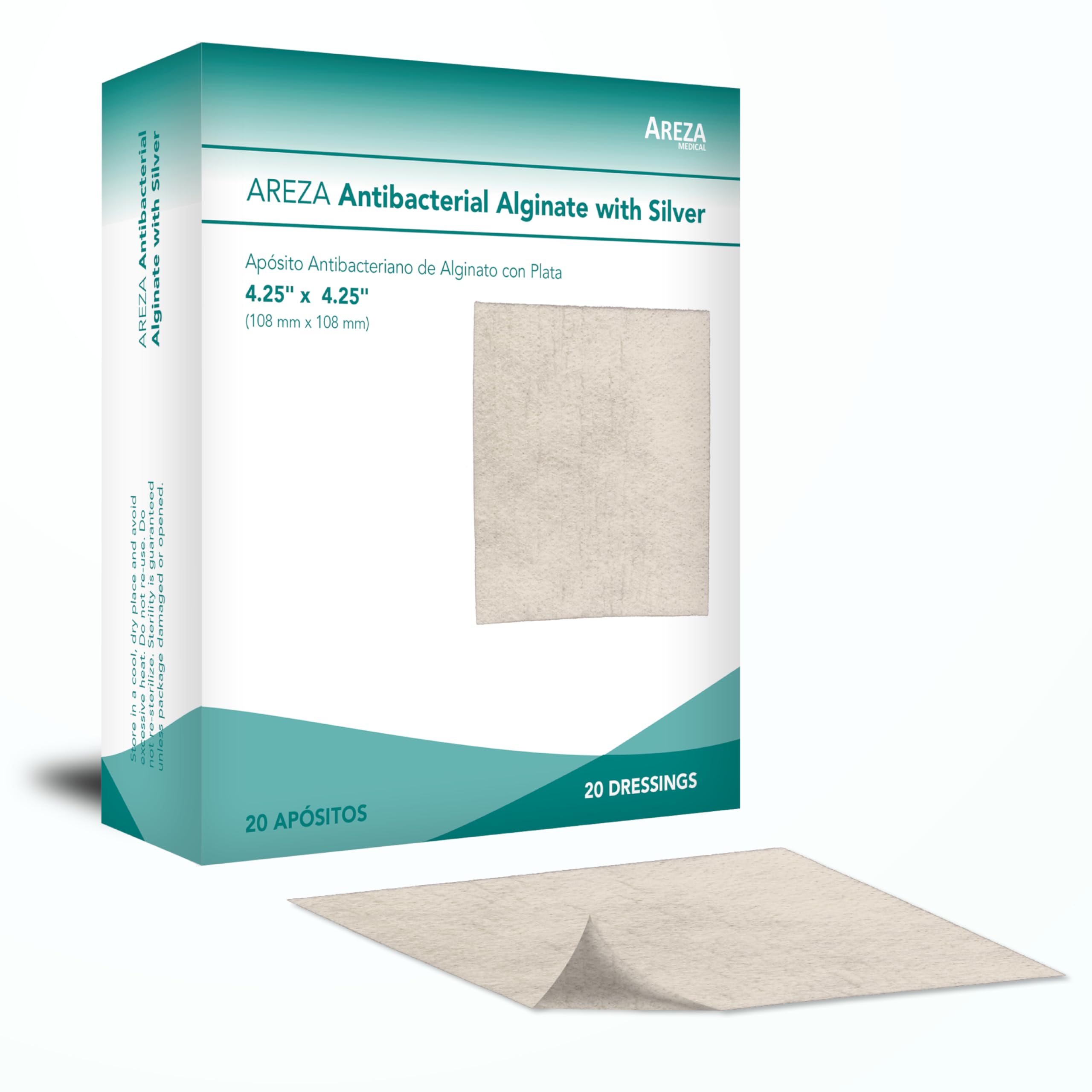 Areza Medical - Silver Alginate (Antibacterial Alginate with Silver) - Sterile - Wound Dressing Pads - 4.25" X 4.25" (10.8 cm X 10.8 cm) - 20 PCS per Box