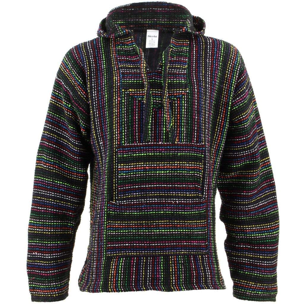 SiestaMexican Baja Jerga Black and Multi Coloured Hooded Hippie top