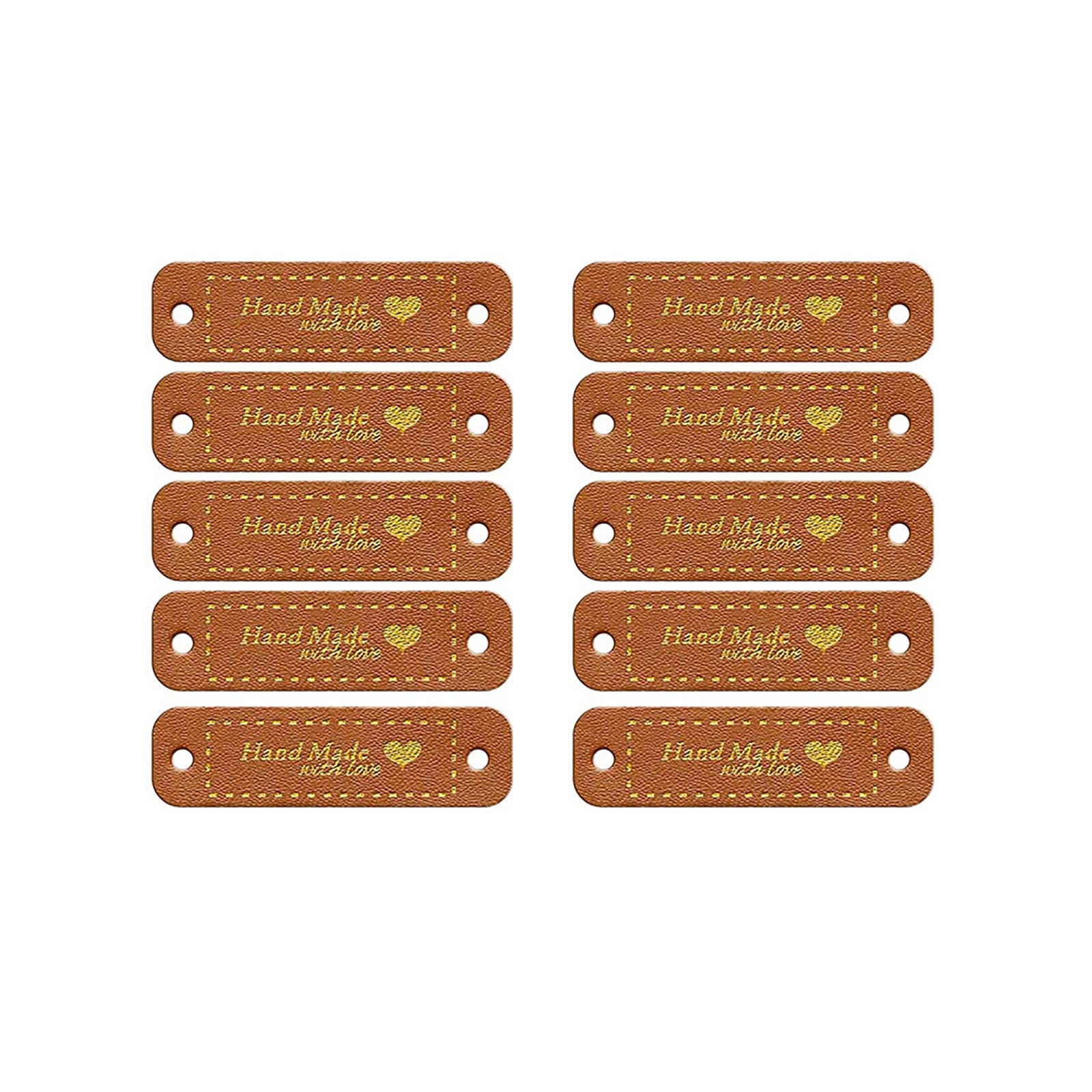 Jancosta 10 Pieces PU Handmade with Love Labels Sewing Embossed Tags with Holes Leather Handmade Labels for Textile Garment DIY Crafts Clothing Sewing Accessories (Brown)