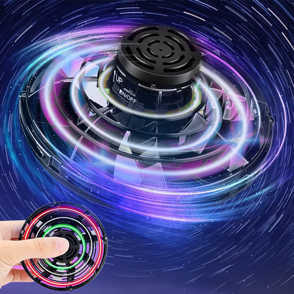 AYEBIAFlying Spinner Toys, Hand Controlled Mini Drone, RGB Light Fidget Boomerang Spinner, 360 Rotating Fly UFO Spin Drone, Flying Space Toys Gift For Kids Adults Outdoor Indoor (BLACK)