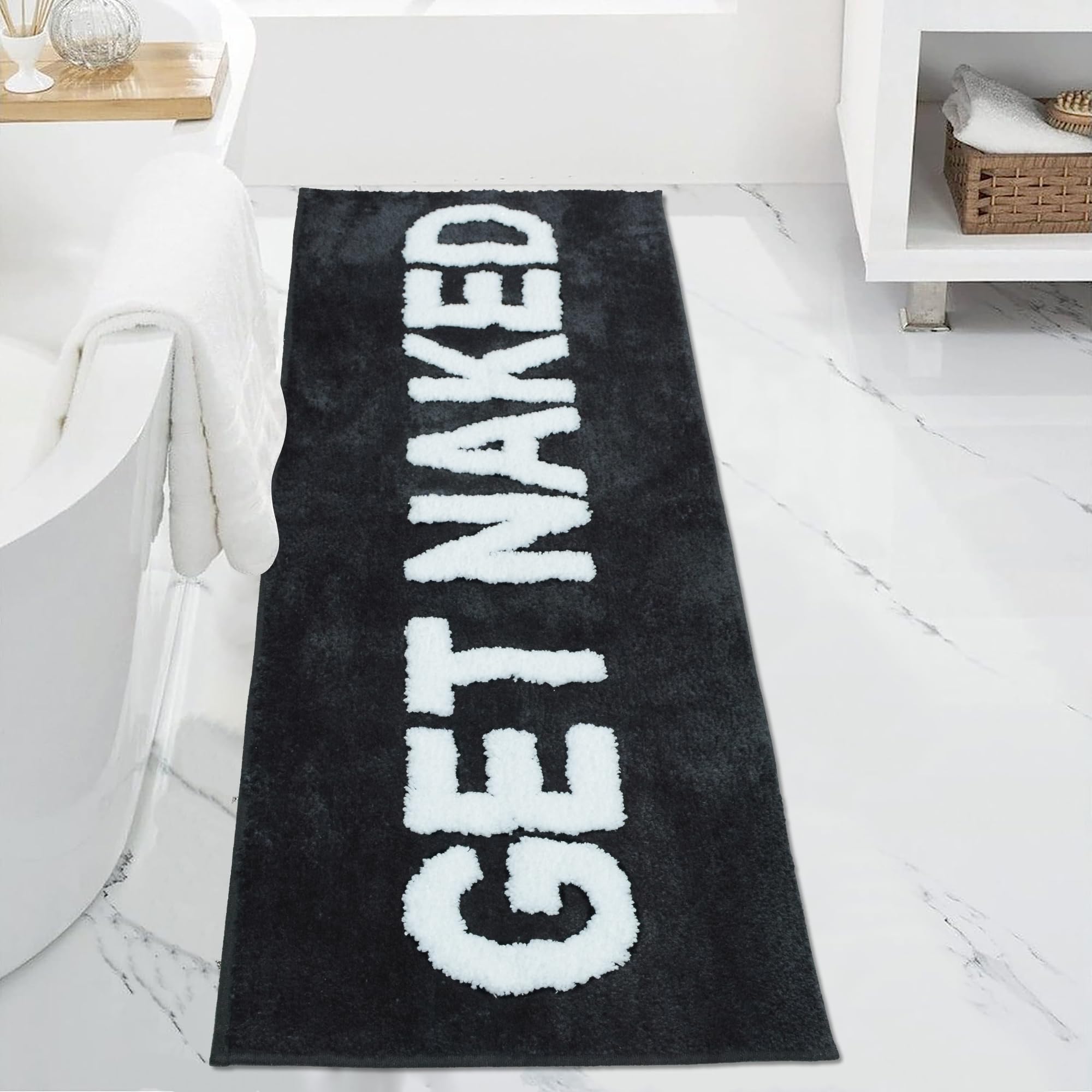 DUIDY Get Naked Runner Bath Mats Non Slip (18”x47”) Microfiber Absorbent Cute Bath Rugs Funny Bathroom Decor for Apartment Bath mat for Tub and Shower Machine Washable.Black