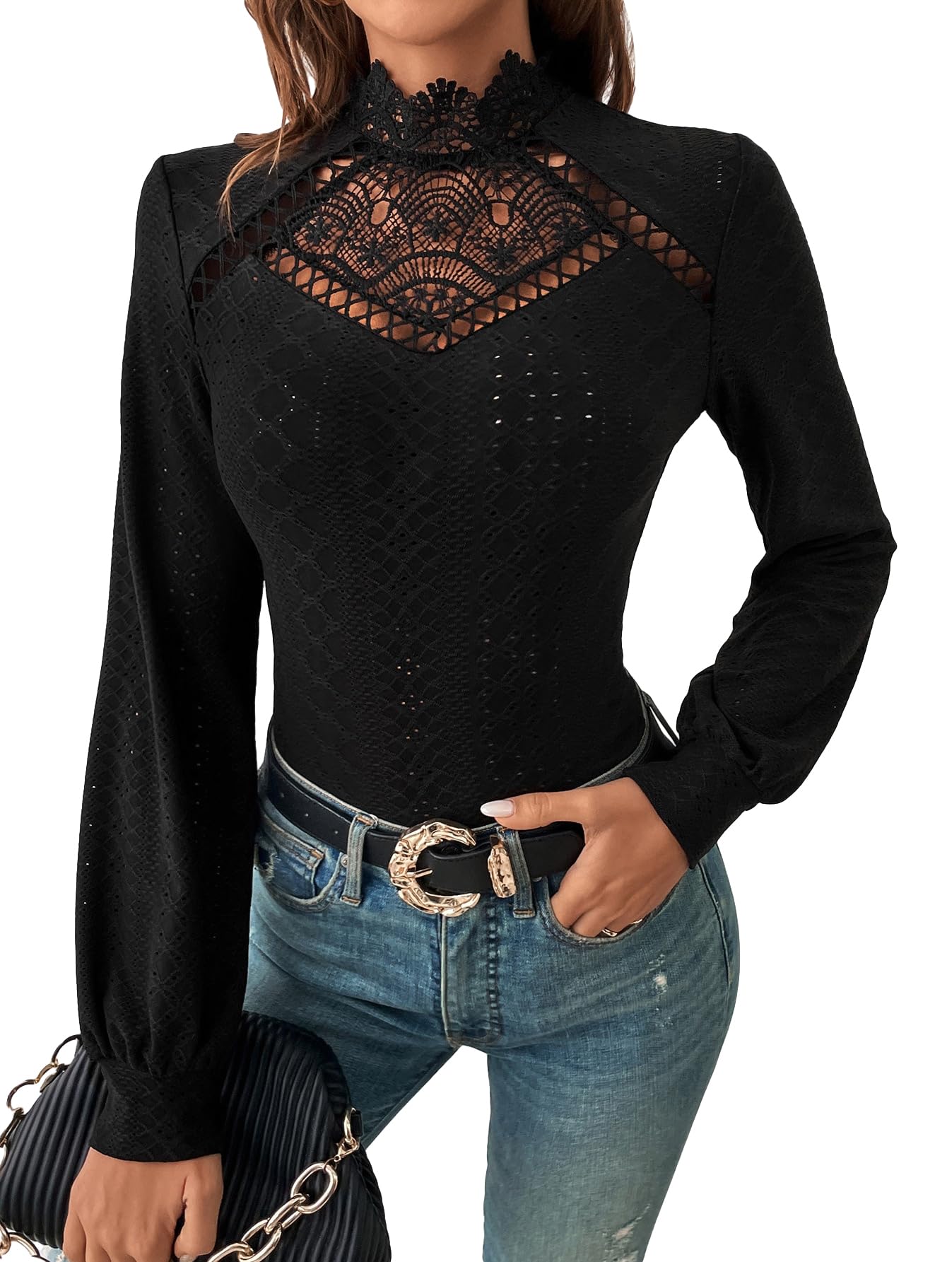 GORGLITTERWomen's Eyelet Lace Long Lantern Sleeve Tops Mock Neck Skinny Cut Out Blouse T Shirt