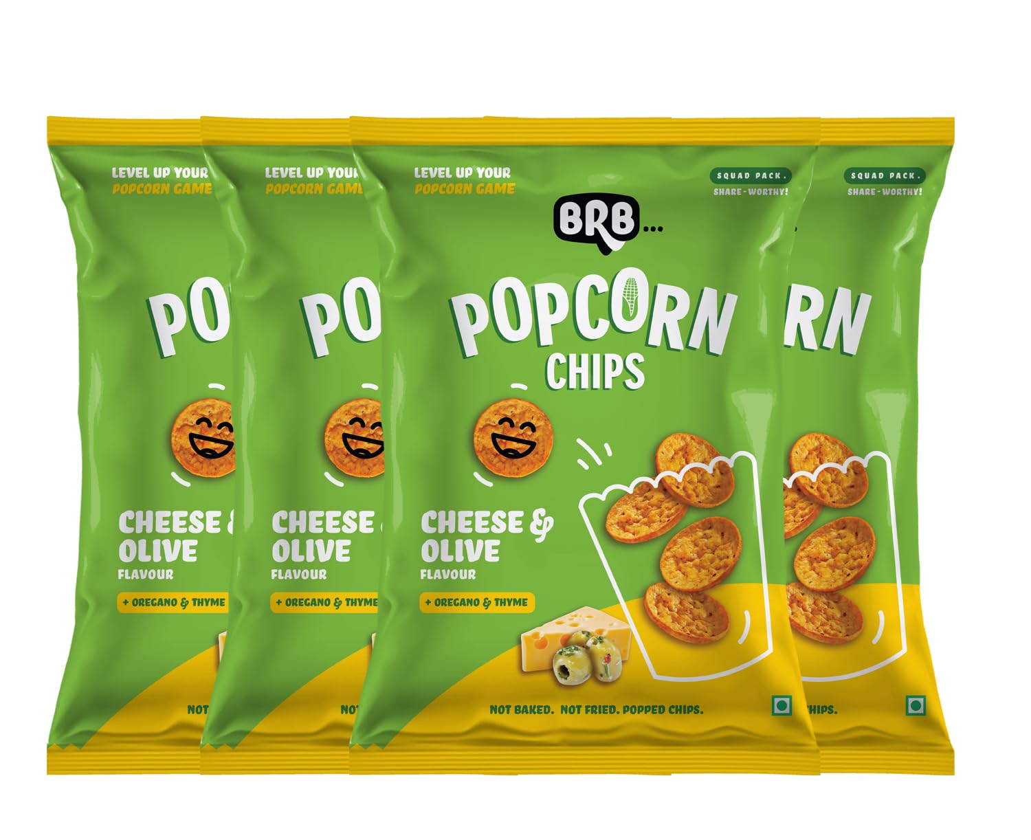 BRB Popcorn Chips | Popcorn Upgraded | 4 Packs X 48 Grams | Cheese & Olive Flavour