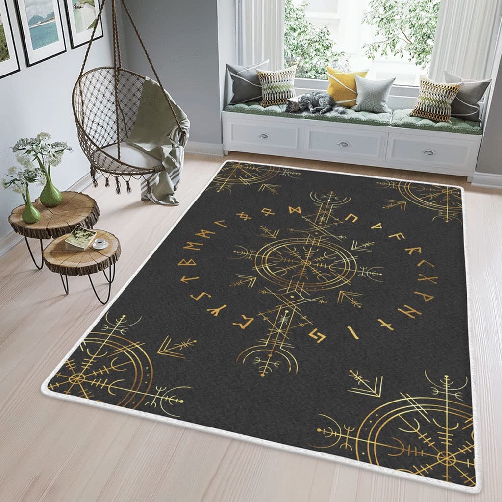 Viking Room Area Rug, 3D Print Norse Mythology Helm of Awe Graphic, Soft Cozy Flannel Carpet Washable ( Color : Black , Size : 120 x 180CM )