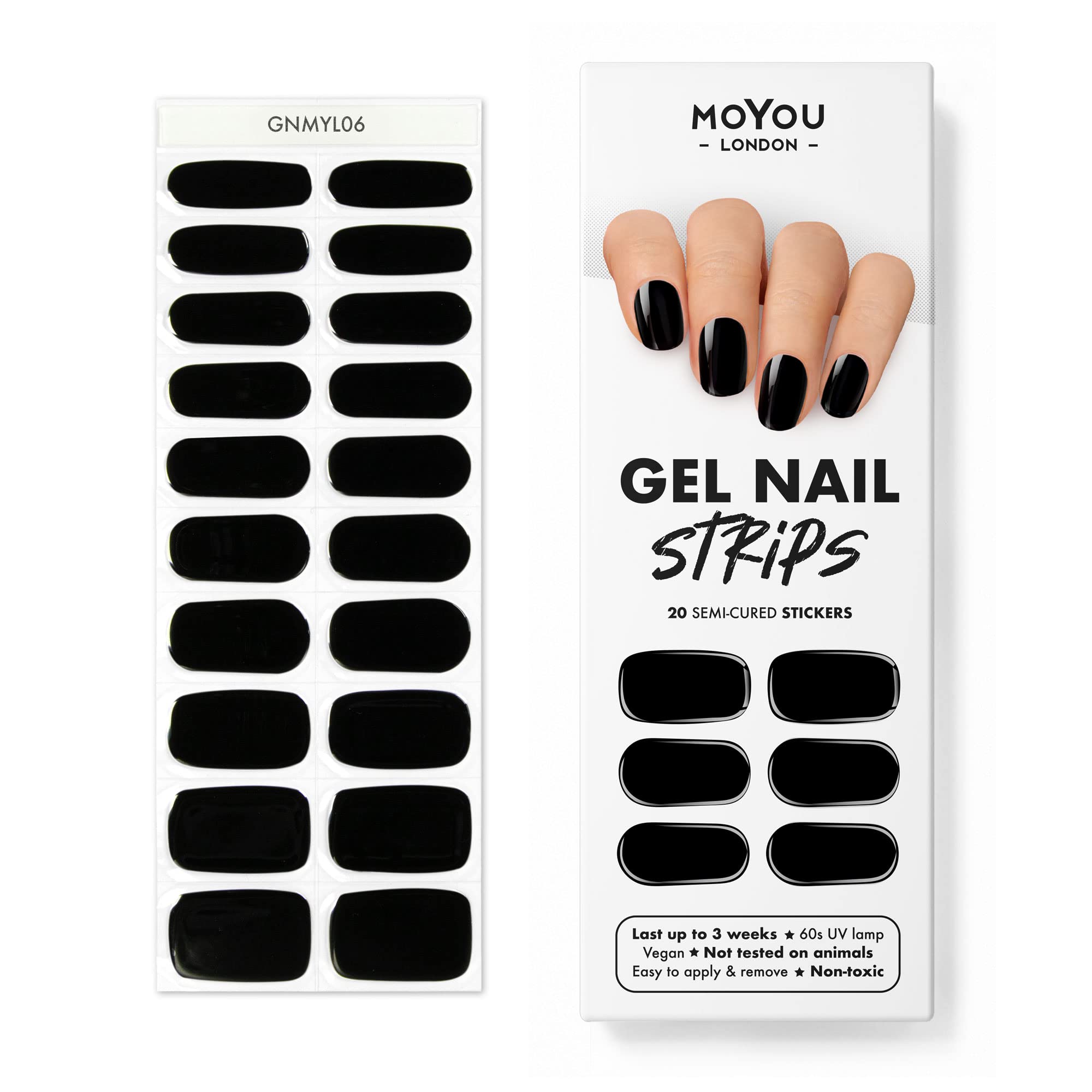 MoYou London Semi-Cured Gel Nail Strips, Nail File, & Wooden Cuticle Stick – 20 Pc. Gel Wraps for Nails – Salon-Quality Manicure Set & Pedicure Supplies, Jet Black