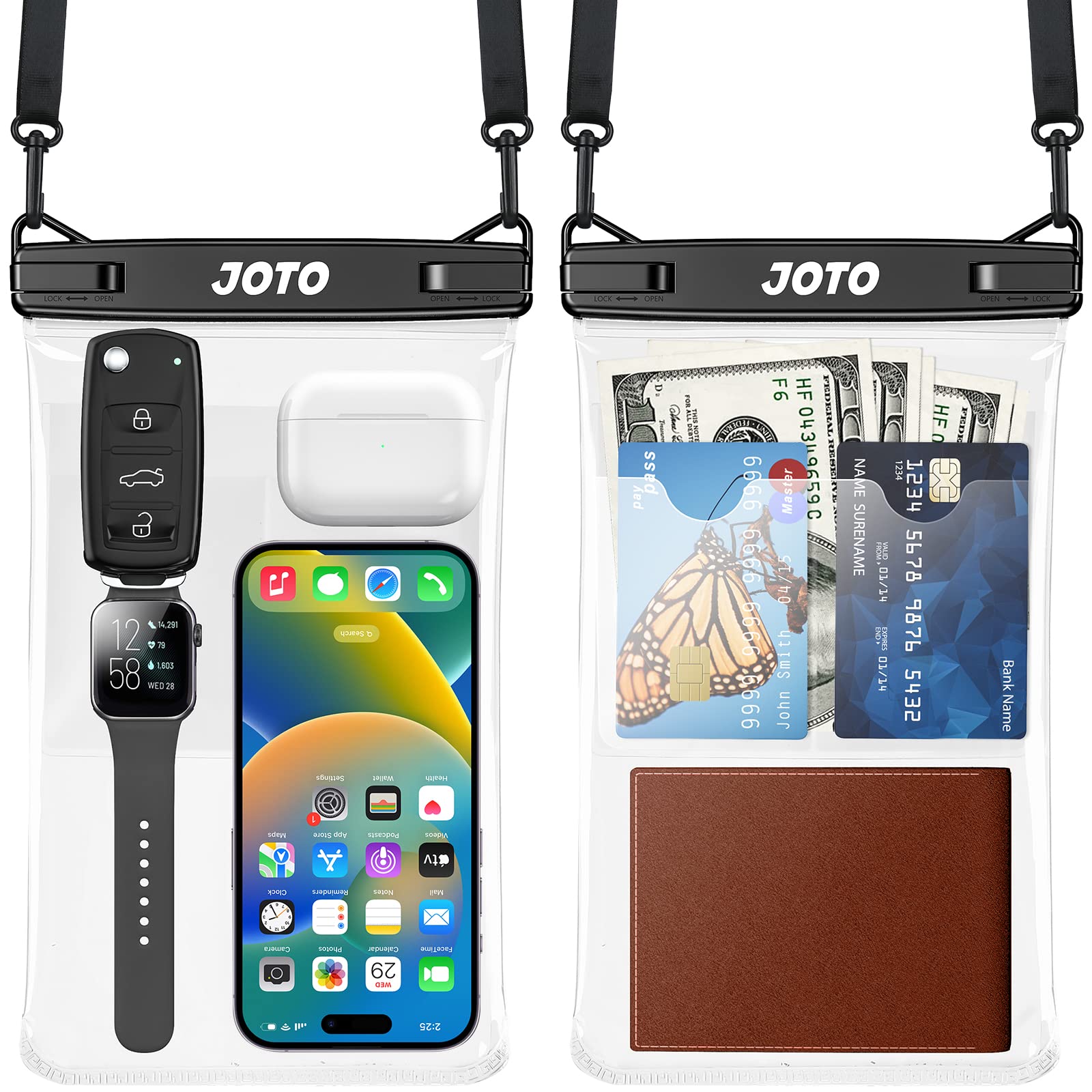 JOTO Large Waterproof Phone Pouch, IPX8 Big Dry Bag Underwater Phone with Lanyard for iPhone 15 14 13 Pro Max, Galaxy S24 Ultra S23 S22, Waterproof Wallet for Beach- 2 Pack, Black