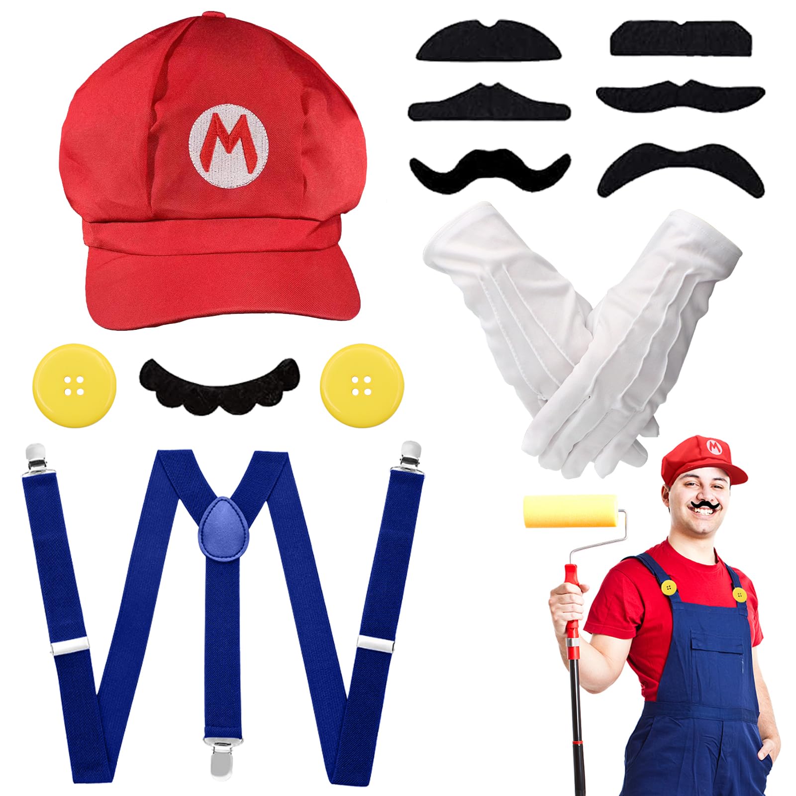 ZOCONE Mario Costume Accessories 13PCS Mario and Luigi Costume Adult Set, Mario Costume Kits-Mario and Luigi Hats Suspenders Mustaches Gloves Buttons Mario Fancy Dress for Carnival Costume Women Men