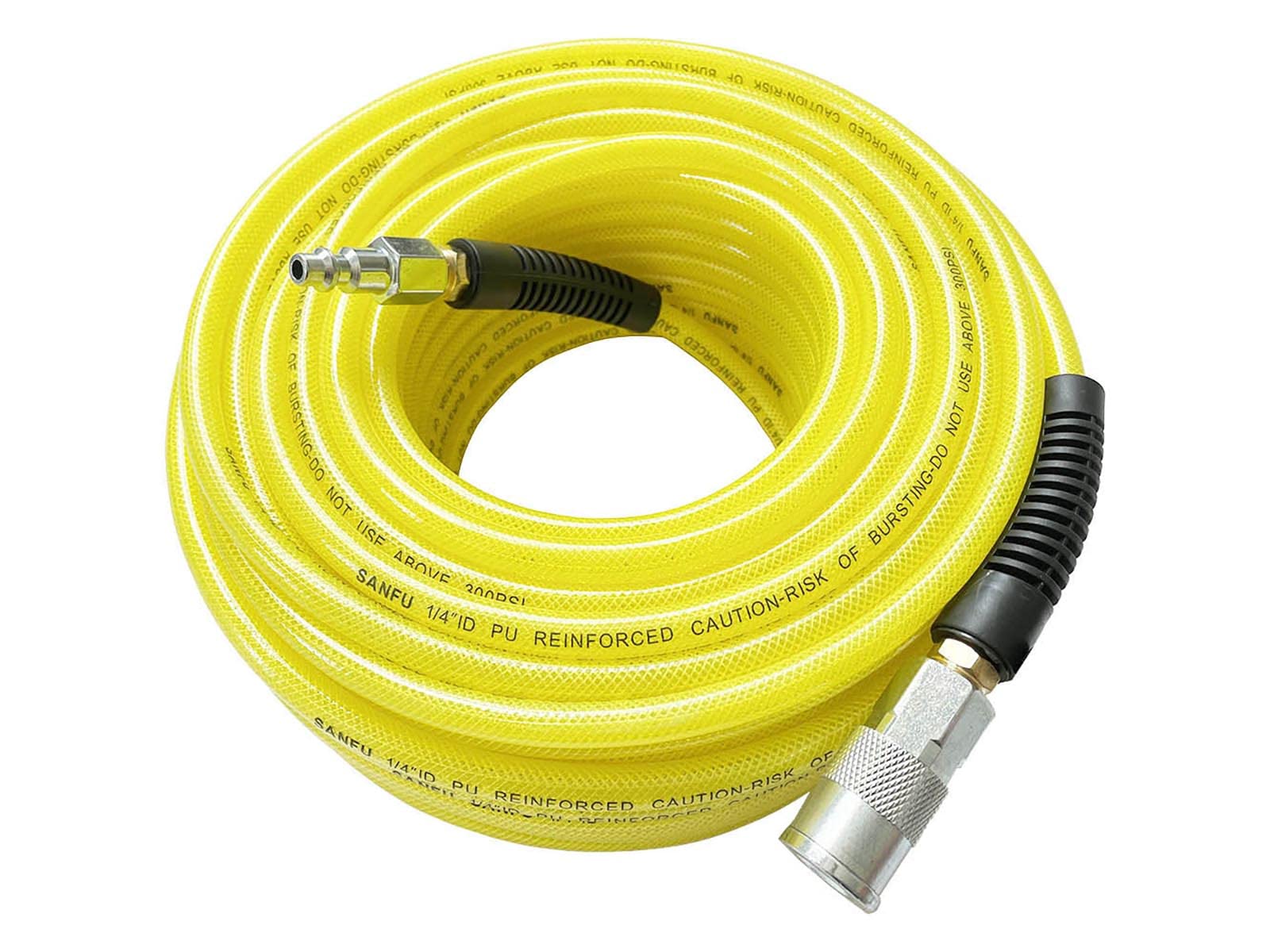 SANFU Polyurethane(PU) Reinforced 1/4”ID(6.3 x 9.8mm) x 100ft, lightweight Non-marring Air Hose with 1/4-Inch Swivel Solid Industrial Quick Coupler and Plug, Transparent Yellow(100’)