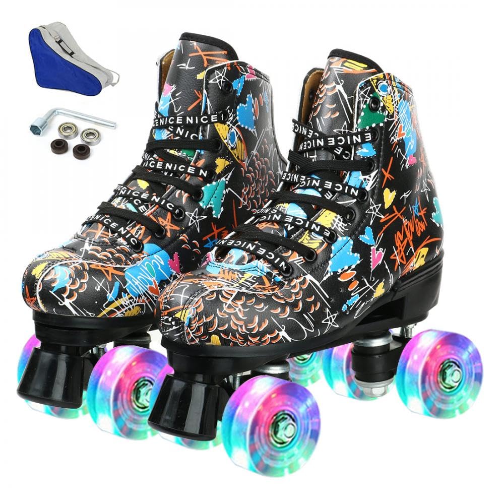 Roller Skates Classic High-top for Adult Outdoor Skating Light-Up Four-Wheel Roller Skates Shiny Roller Skates for Women and Men