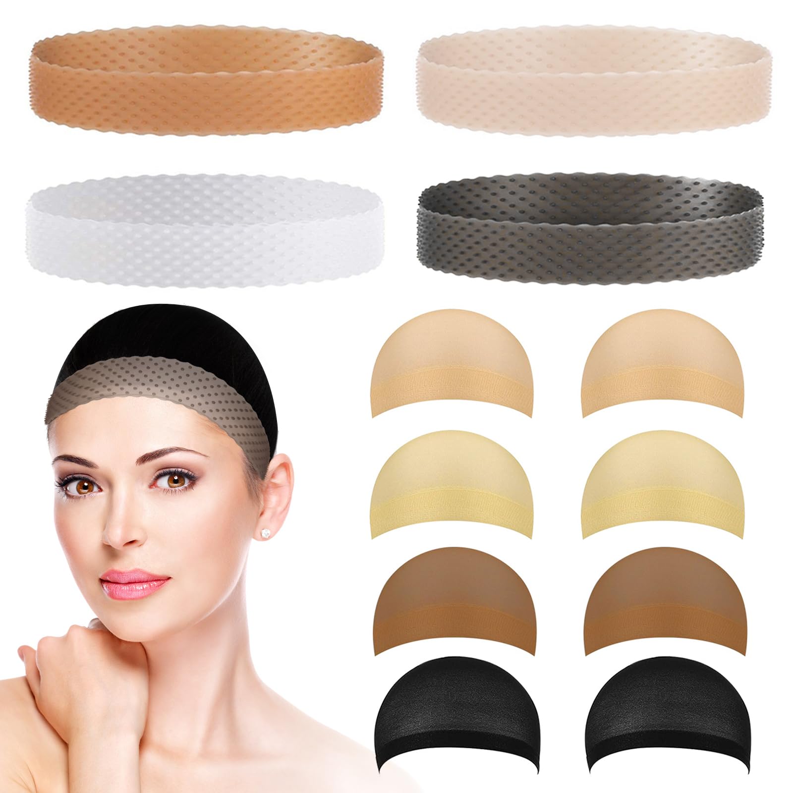 Generic Leikedun 12 Pieces Silicone Wig Grip headbands and Nylon Wig Caps Set, Non Slip Adjustable Sweatproof Transparent Wig Headband with Stretchy Stocking Wig Nets for Women Sport Yoga Cosplay