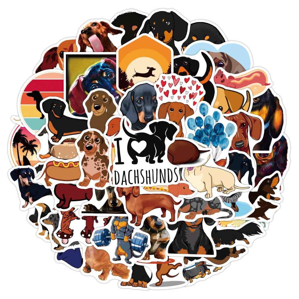 50Pcs Dachshund Stickers Pack, Waterproof Vinyl Animal Stickers for Water Bottles Laptop Skateboard Guitar Computer Phone, Weiner Dog Stickers for Kids and Adults