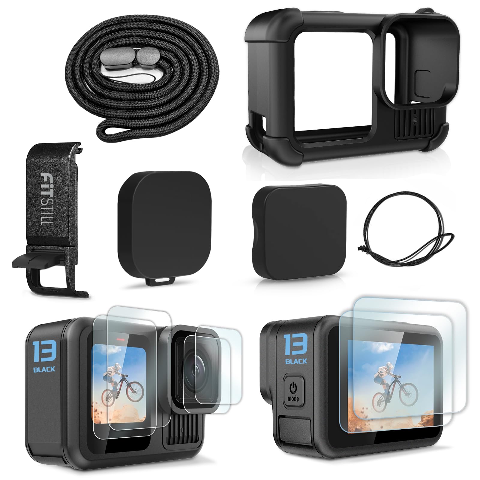 FitStill Black Silicone Sleeve Rubber Protective Case Only for Go Pro Hero 13 Black,Battery Side Cover&Screen Protectors& Lens Caps&Lanyard for Go Pro Hero 13 Black Accessories Kit