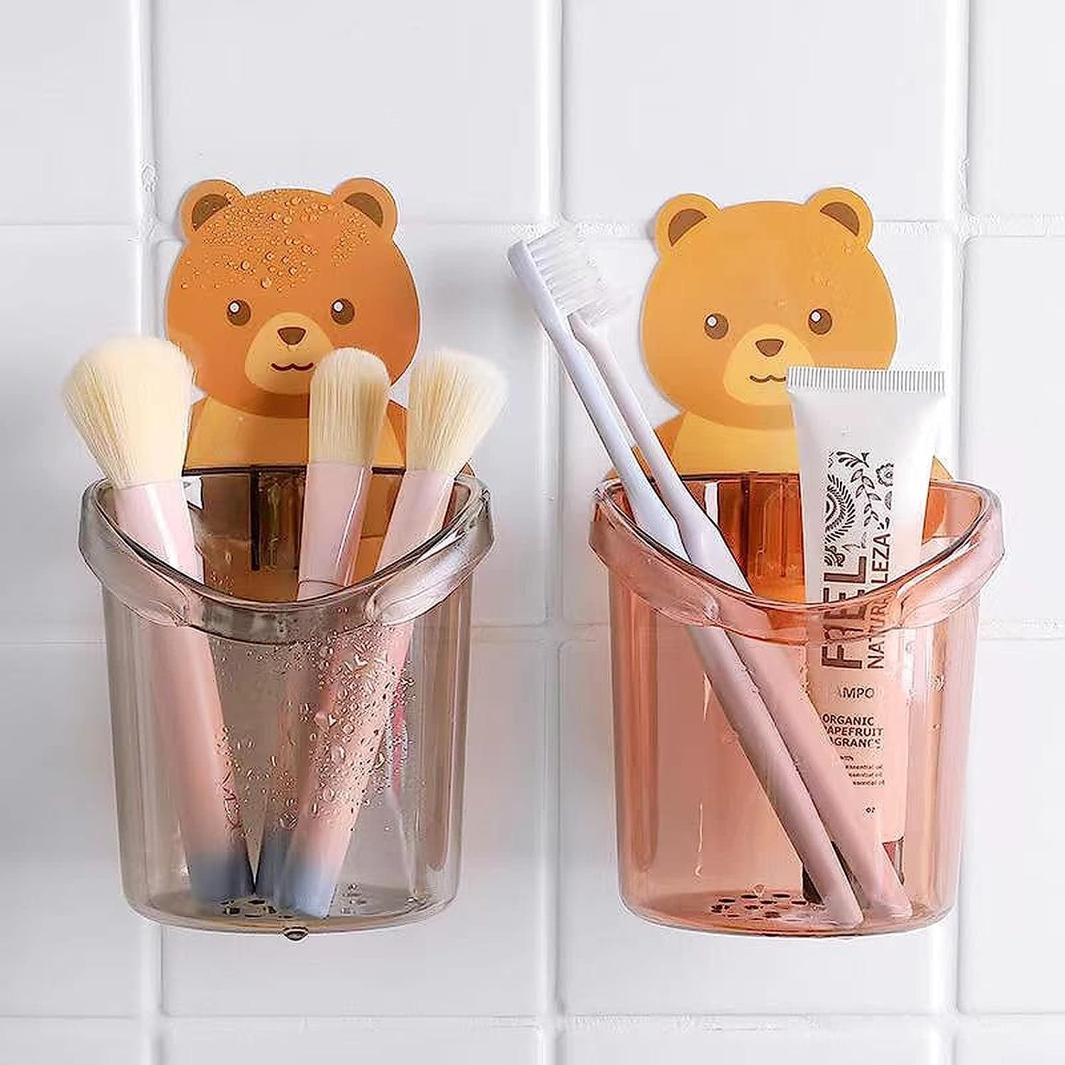 ZollyssToothbrush Holder (Set of 2 Pcs) Plastic Stand for Toothpaste, Comb, Brush, Cream, Lotion Kids Bathroom Cup Drain Waterproof Self-Adhesive, Teddy Bear