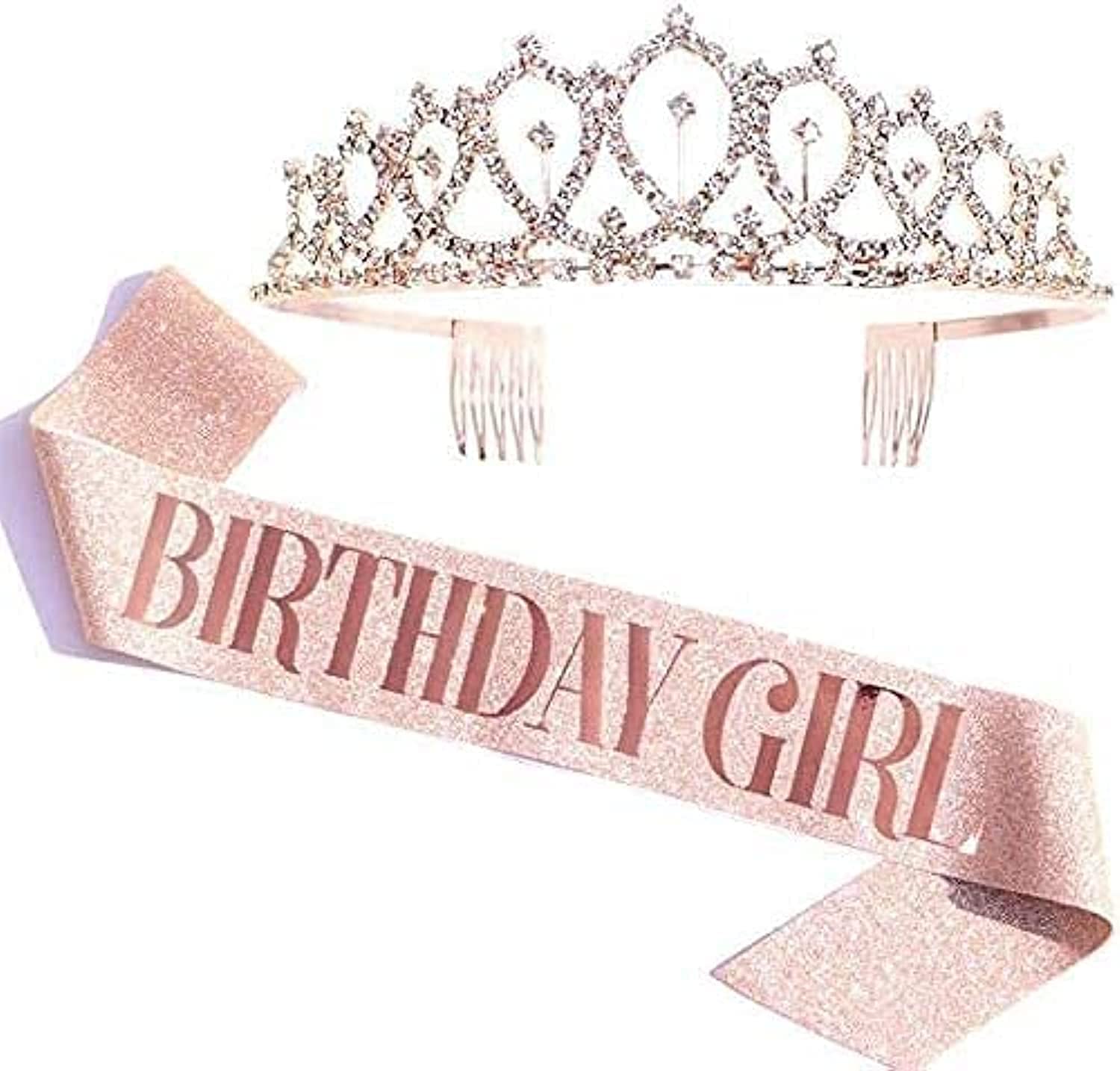 HuanShiJingXuan Tiara Women Birthday Girl Birthday Girl Sash Rose Gold Birthday Gifts kits Birthday Party Favors Glitter Birthday Sash(Rose Gold)