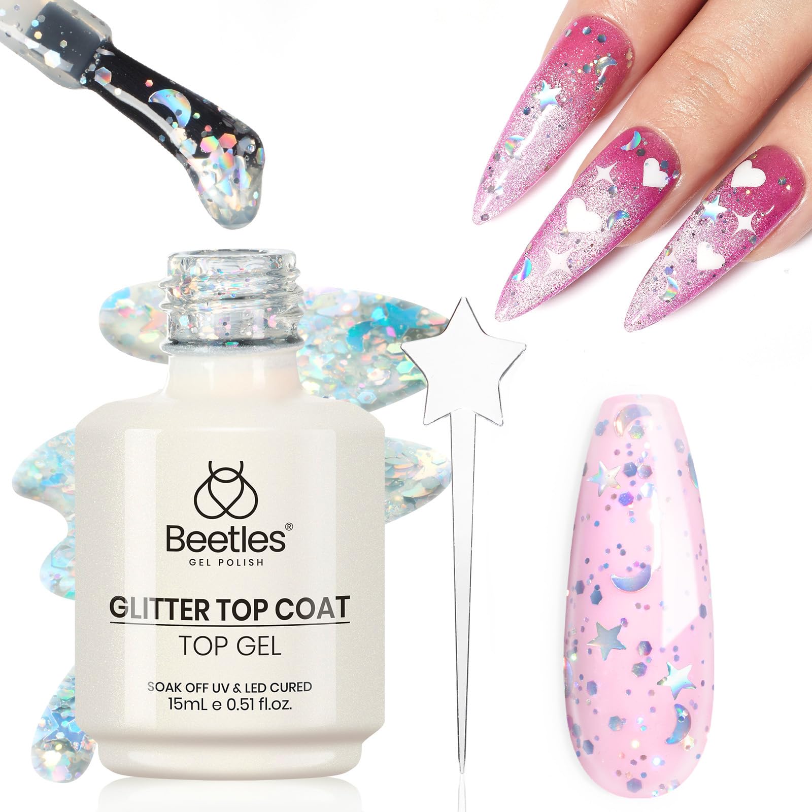 beetles 2 In 1 Silver Glitter Top Coat, 15 ML No wipe Stars Moon Halo Top Coat Soak Off UV Uv Led Gel Nail Polish Long Lasting Highly Shine Manicure Art Decoration Supplies