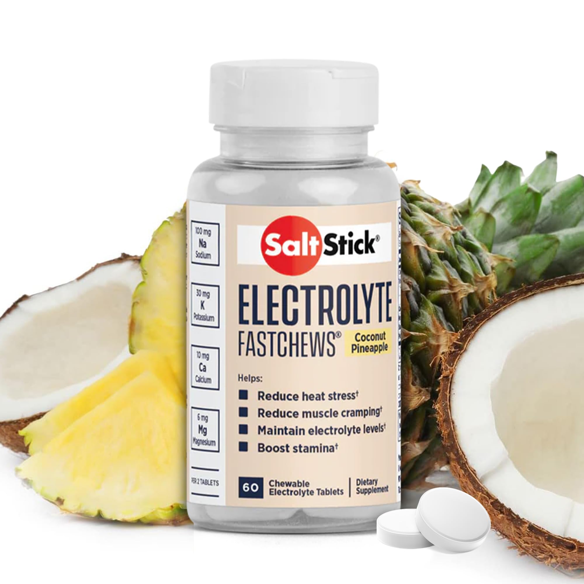 Saltstick Fast Chews Coconut Pineapple Electrolyte Replacement Tablets for Rehydration 60-Pieces