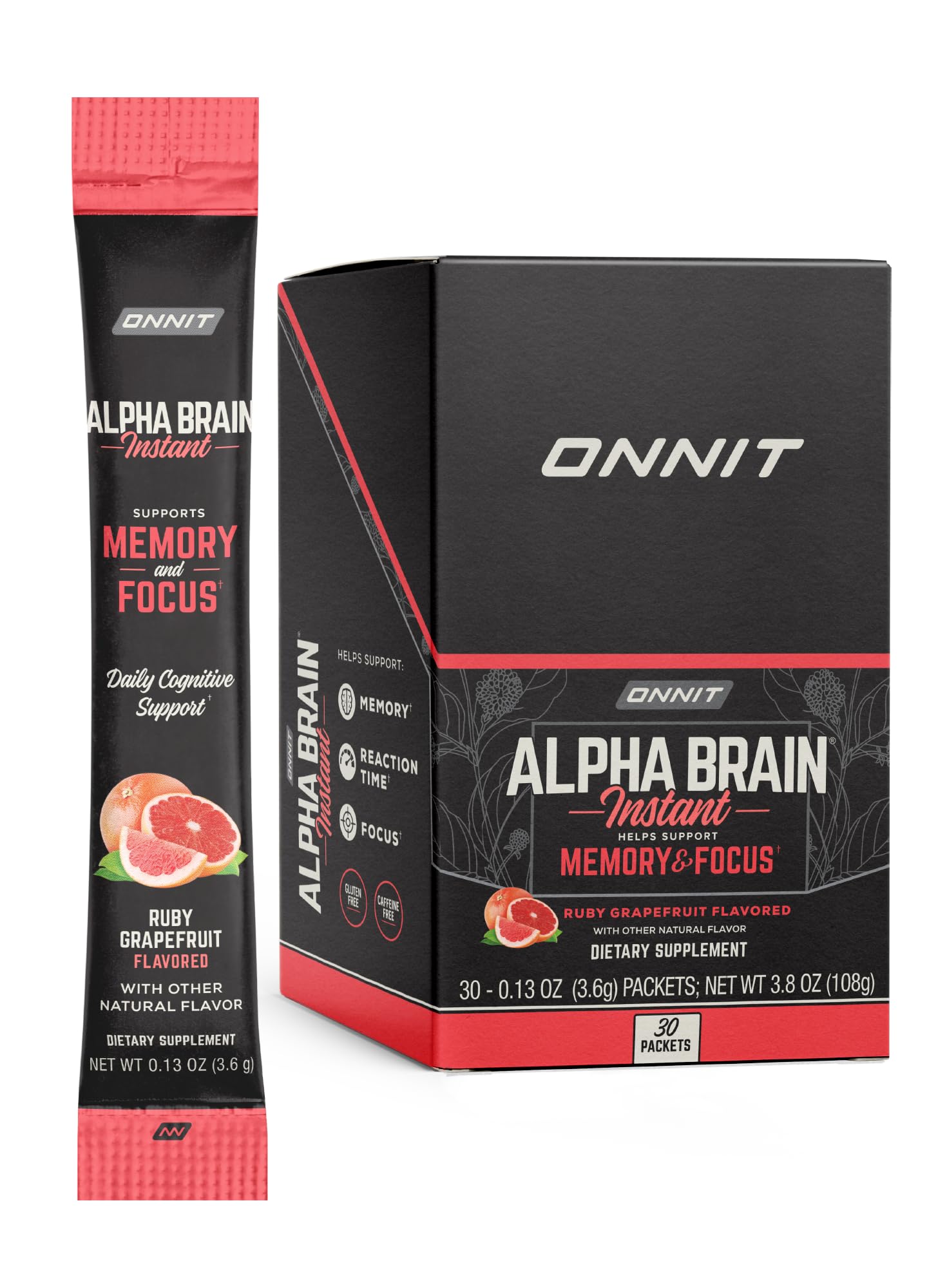 ONNIT Alpha Brain Instant - Ruby Grapefruit Flavor - Nootropic Brain Booster Memory Supplement - Brain Support for Focus, Energy & Clarity - Alpha GPC Choline, Cats Claw, L-Theanine, Bacopa - 30ct