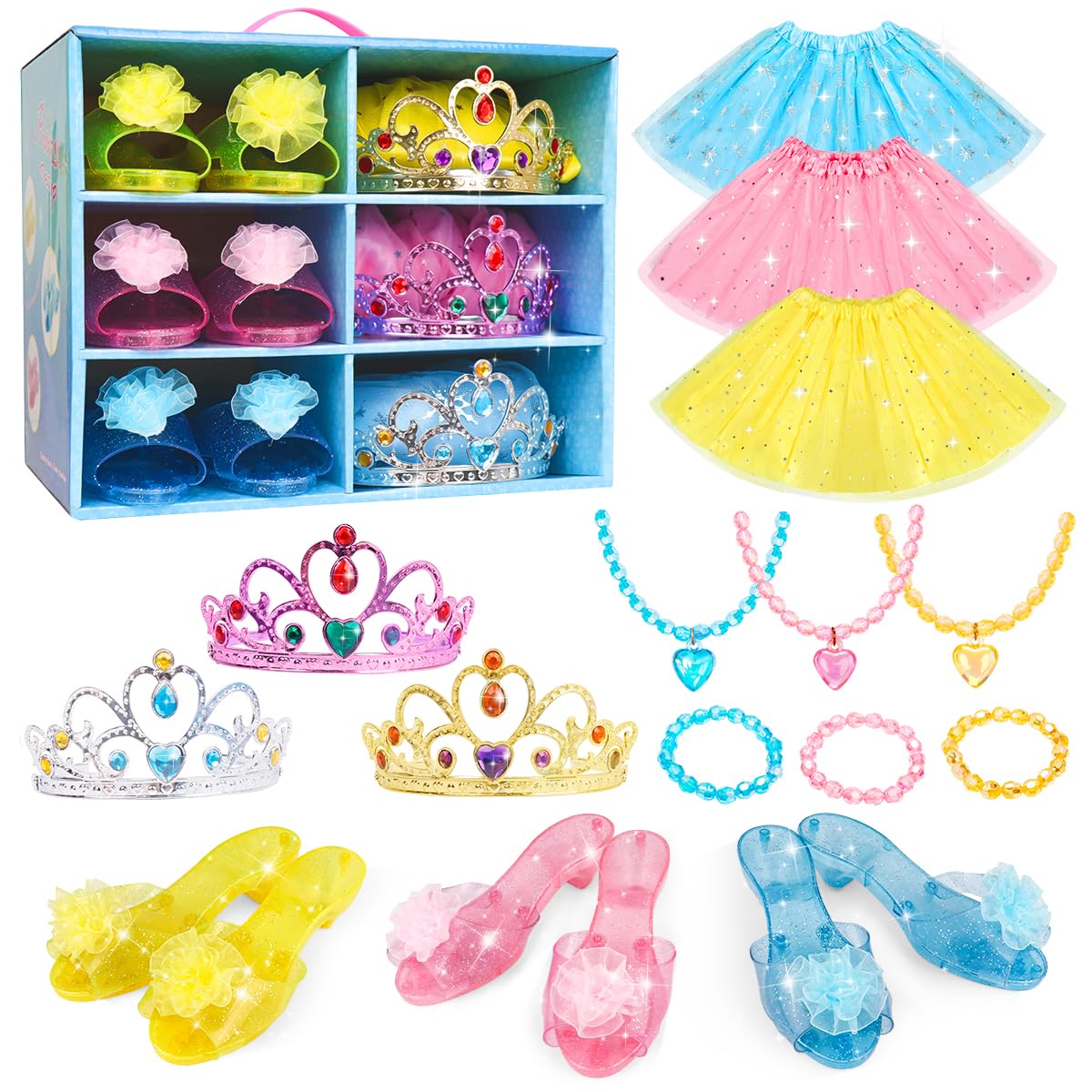 Princess Dress Up Shoes - Girls Princess Toys Costume with 3 Crowns Tiaras, 3 Pairs of Play Shoes, 3 Skirts Princess Accessories for Girls Birthday Gifts for Kids