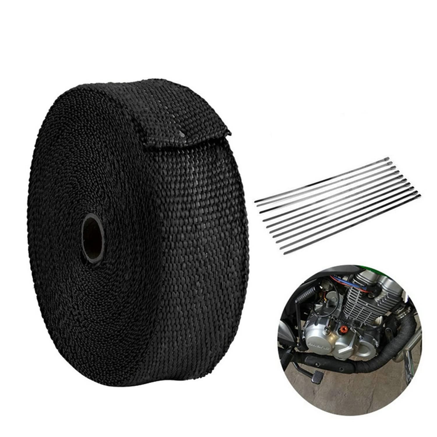 SKEIDO 10M*5cm Black Exhaust Heat Wrap Roll for Motorcycle Fiberglass Heat Shield Tape with Stainless Ties