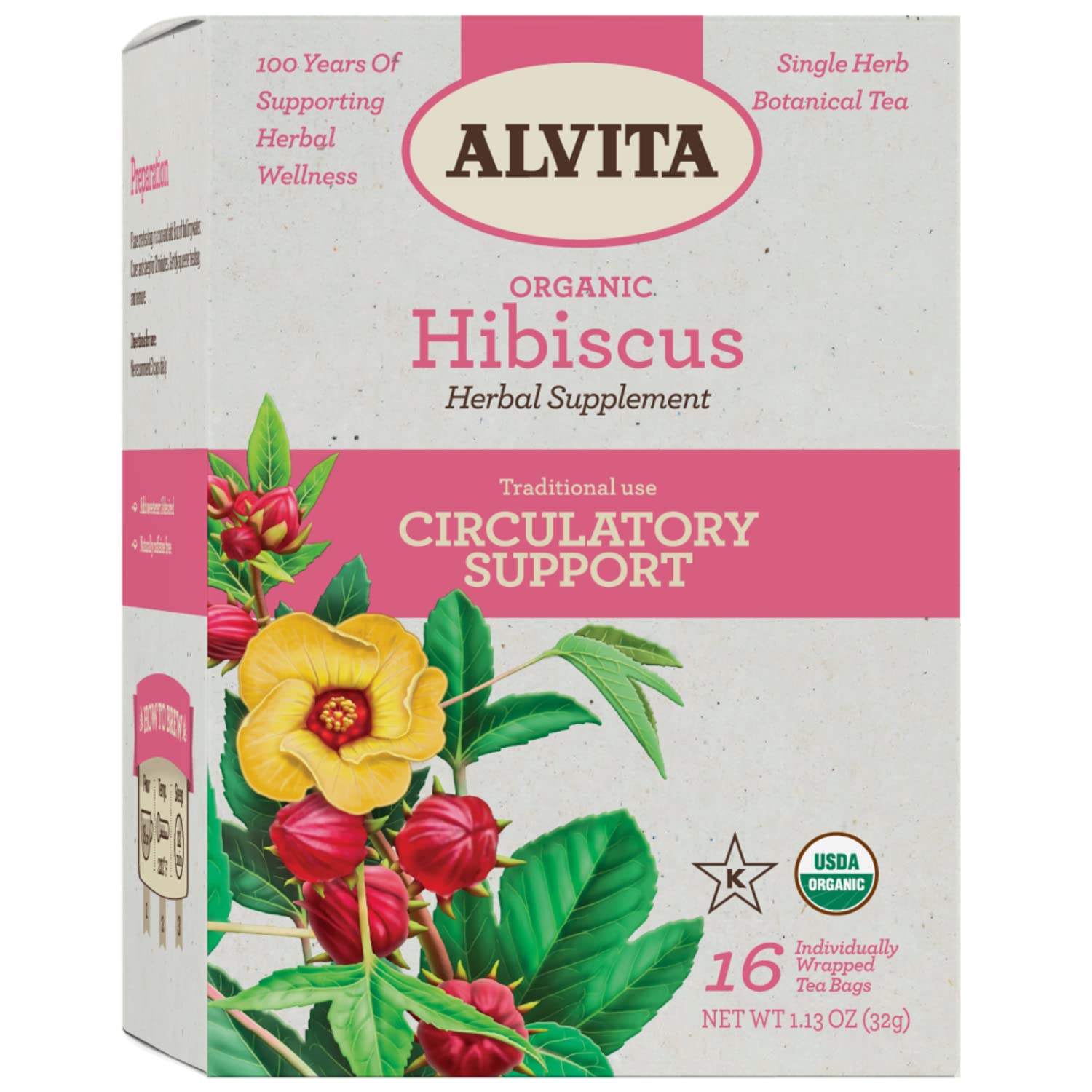 ALVITAOrganic Hibiscus Tea, Herbal Organic Hibiscus Flowers for Healthy Blood Pressure, 16 Tea Bags