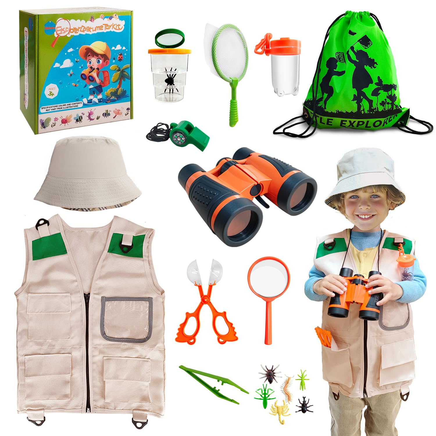 Mahduo Explorer Costume Kit for Kids, Bug Hunting Kits for Children with Safari Vest and Hat, Kids Binoculars, Outdoor Adventure Bug Collecting Toys Gifts for 3 4 5 6 7 Year Old Boys Girls