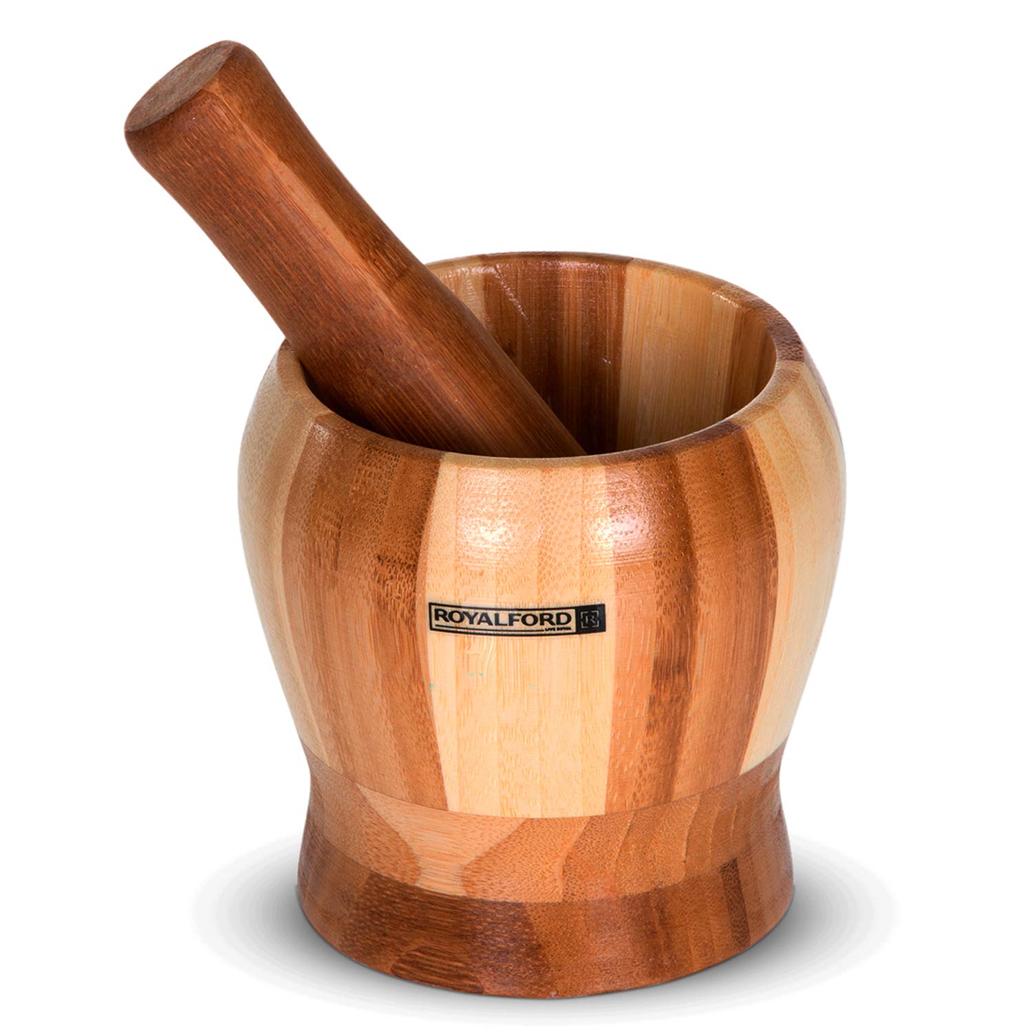 RoyalfordPestle & Mortar Set | Premium Bamboo | 16cm (6.3") Diameter | Ideal for Herbs, Spices, Ginger, Garlic Grinder & Crusher | Natural Pestle & Mortar Set | Durable, Long-Lasting & Easy Cleaning