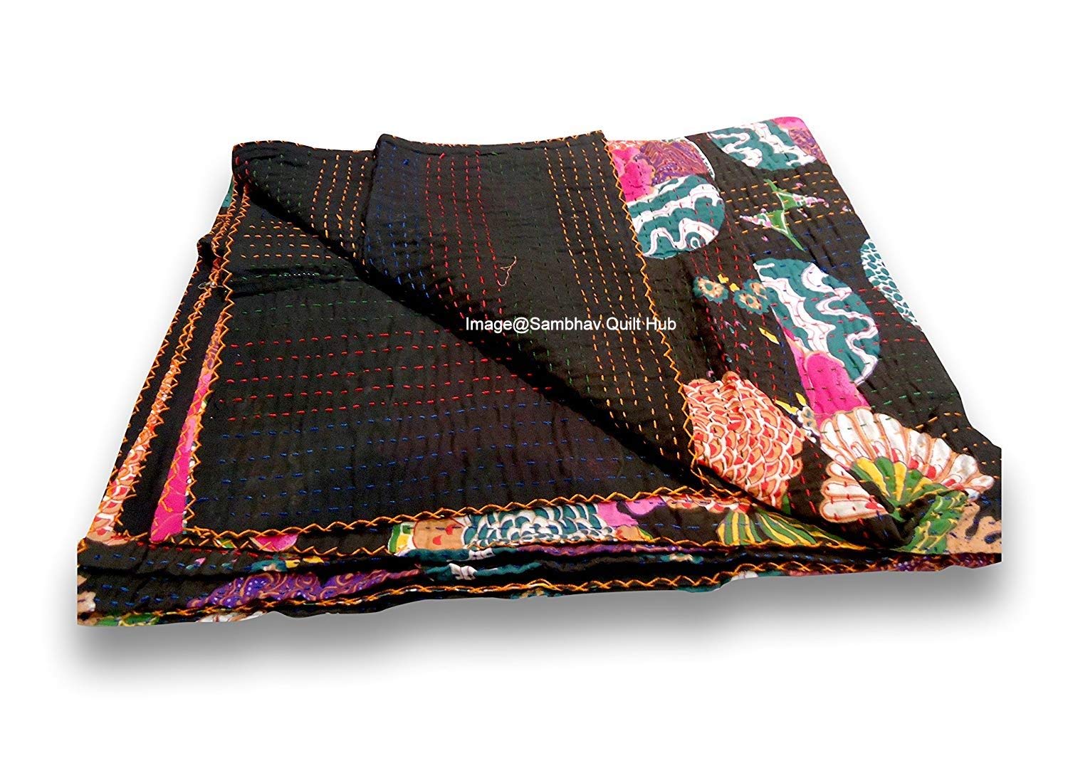 Sambhav Quilt HubSambhav Quilt Hub Queen/Twin/King Indian Black Fruit Reversible Bedspread Pattern Gudri Pure Cotton Kantha Style Quilt Floral Fruit Print Decorative Kantha Stitch Quilt (108X108 inches)