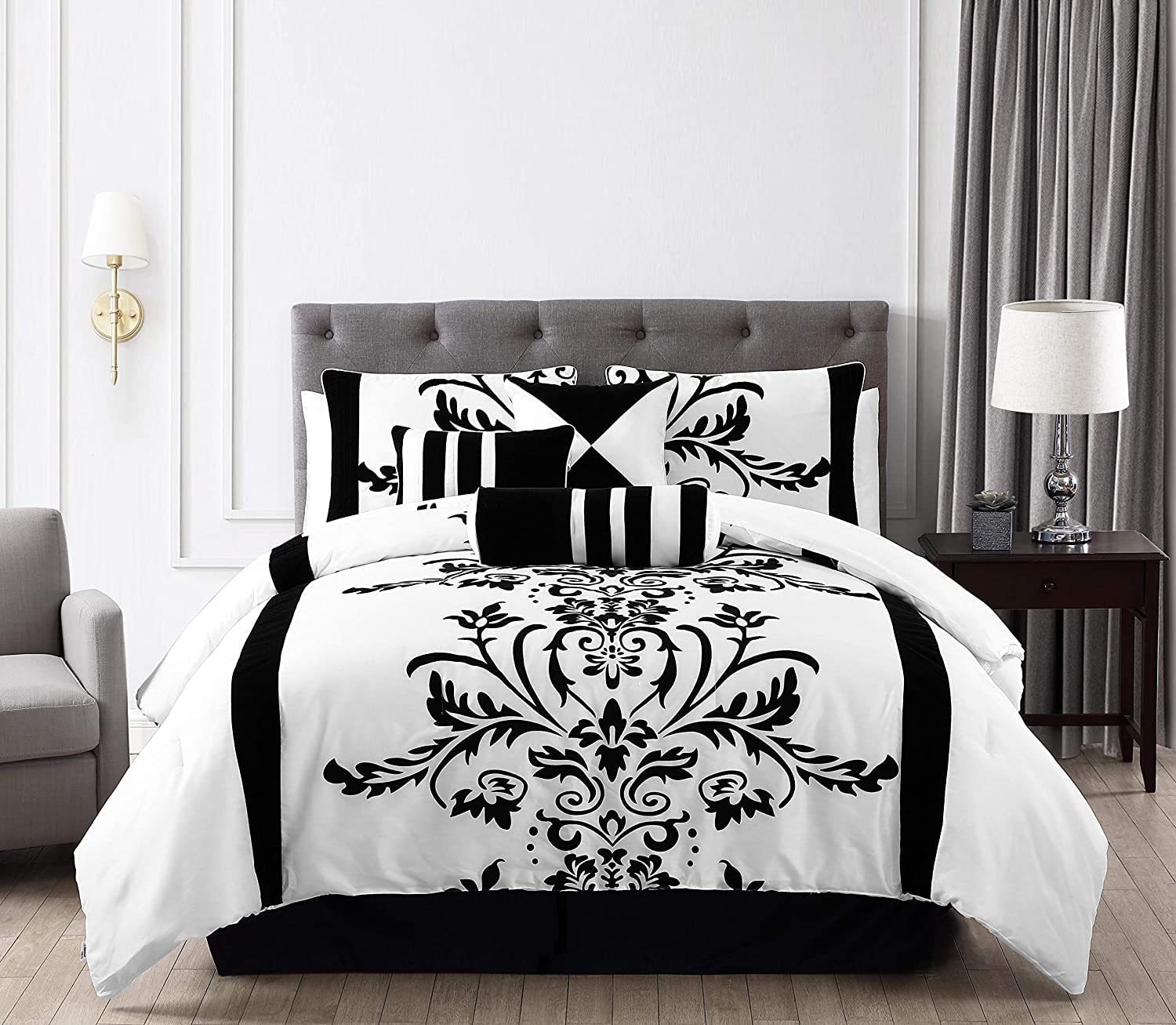 Chezmoi Collection Nobility 7-Piece Faux Silk Comforter Set Queen - Luxury White Black Flocked Velvet Floral All Season Bedding Comforter Set