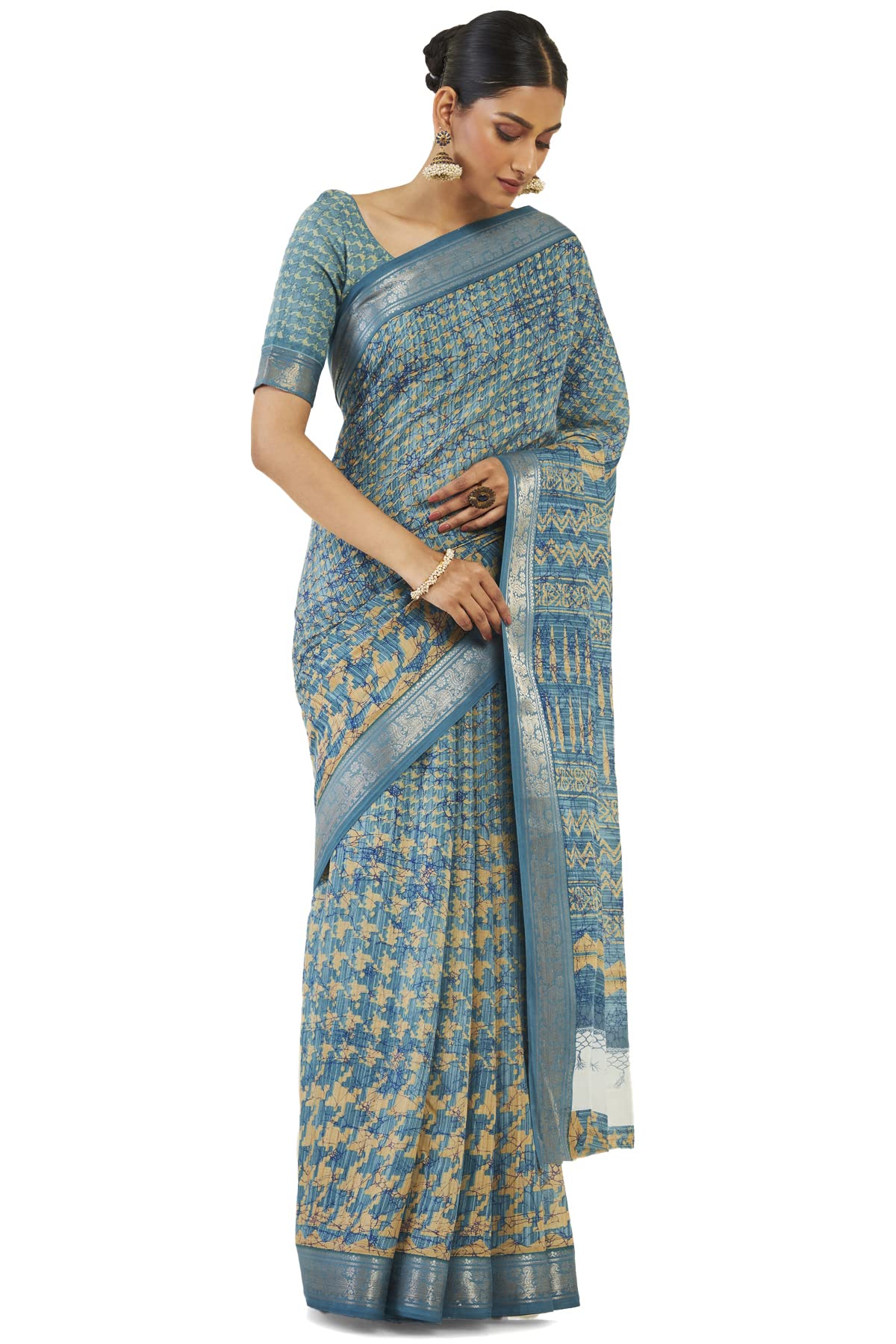 Soch Women Turquoise Cotton Tie-Dye Saree