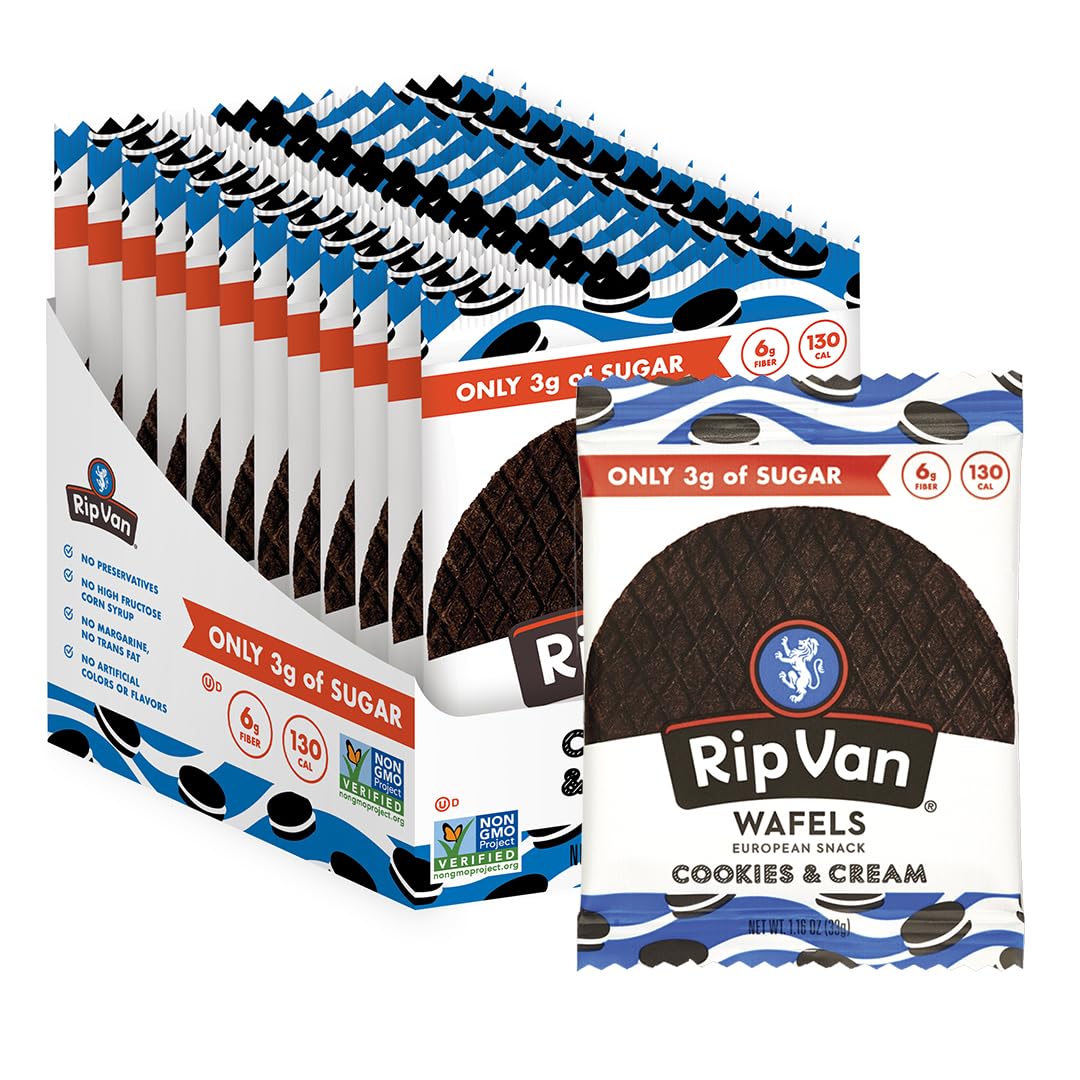 Rip Van Wafels Cookies & Cream Stroopwafels - Healthy Snacks - Non GMO Snack - Keto Friendly - Office Snacks - Low Sugar (3g) - Low Calorie Snack - 12 Pack