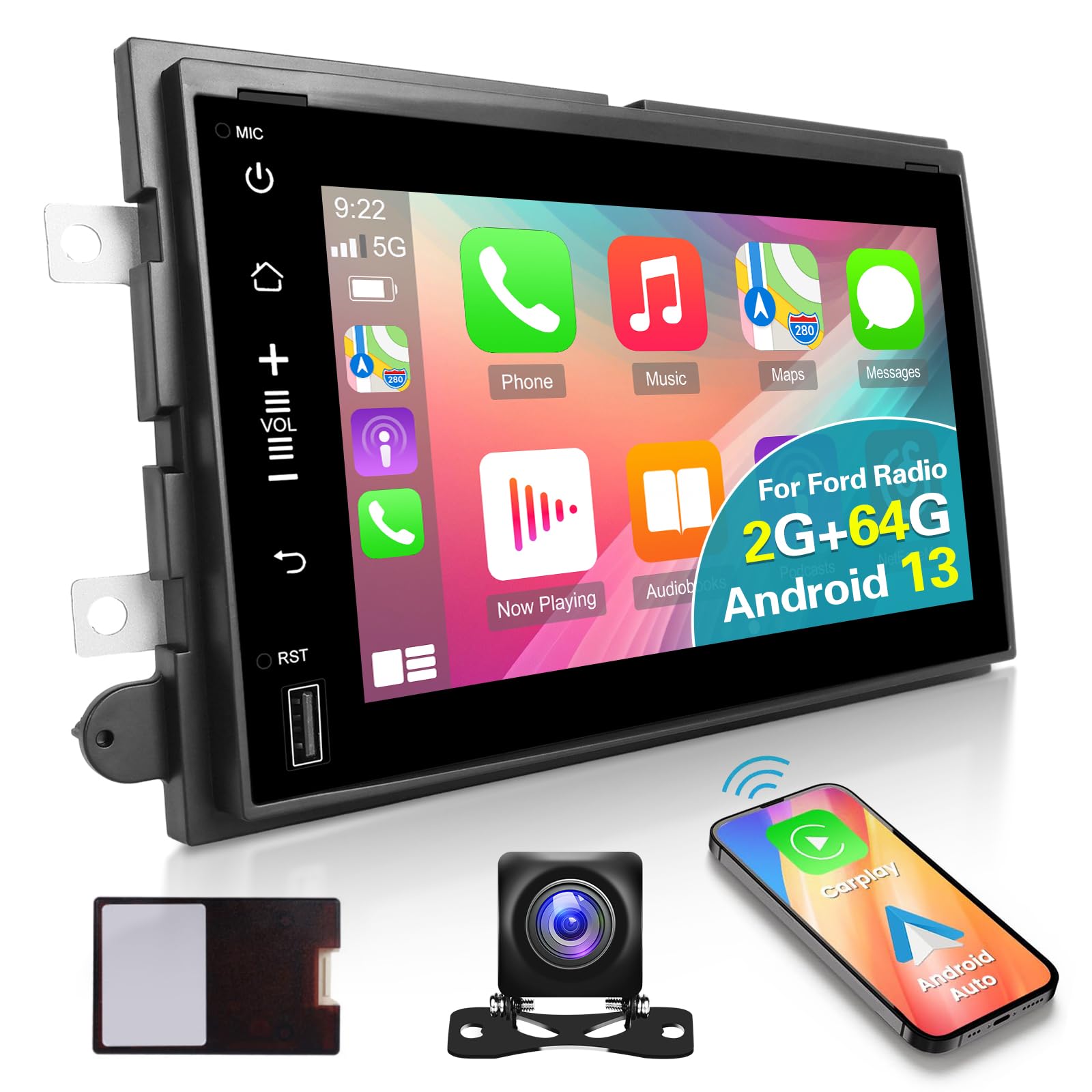 [2G+64G] Android 13 Car Radio for Ford F150 F250 F350 Fusion Edge Explorer Taurus Freestar, 7 inch Touch Screen F-150 Stereo, Carplay/Android Auto/Bluetooth/SWC/EQ Audio/1080P