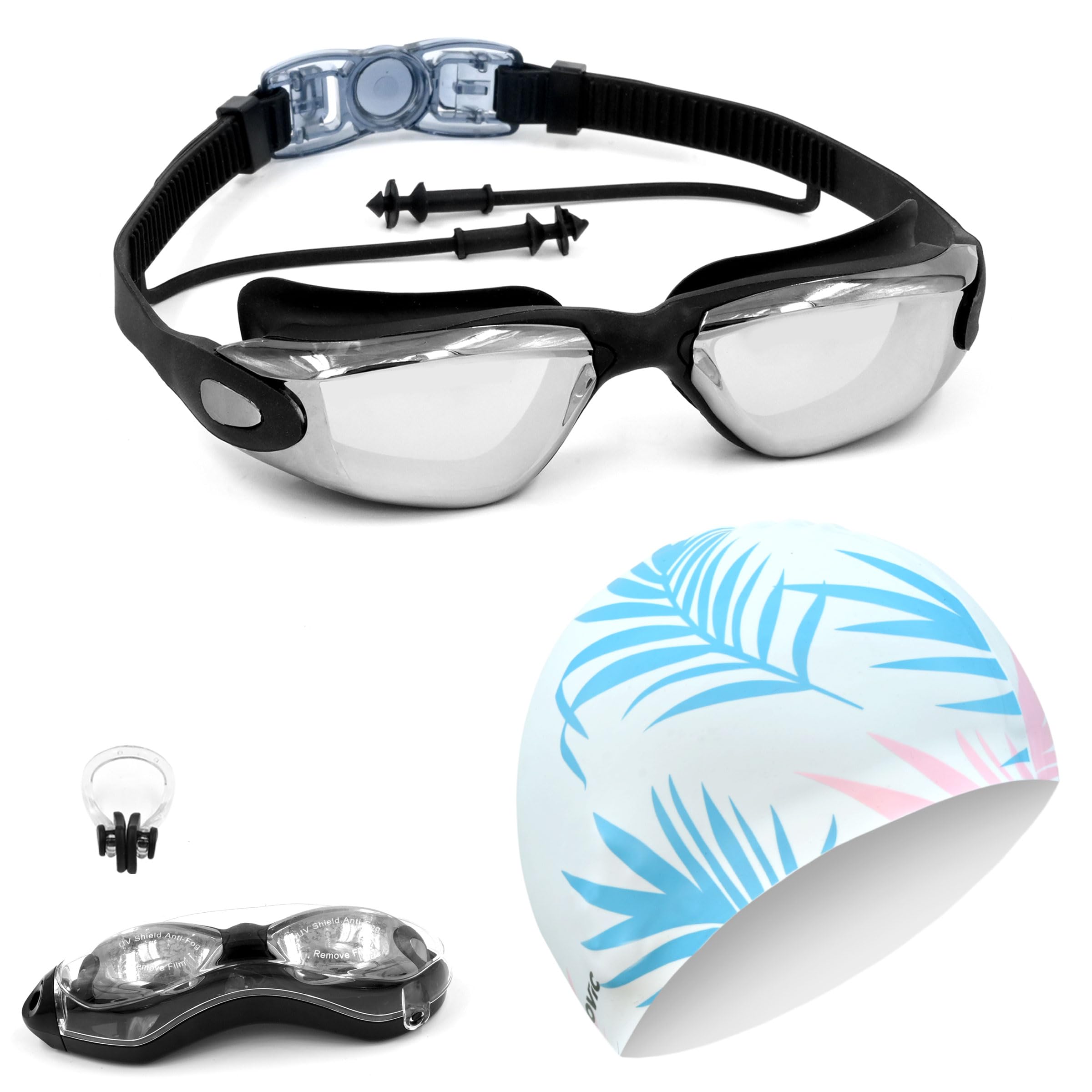 SLOVIC Black Swimming Goggles & White Leaf Printed Swimming Caps for Men & Women with Silicon Nose Bridge | Free Size Cap, UV-Protected Anti-Fog Glasses, Push-Button Strap with Ear Plugs & Nose Clip