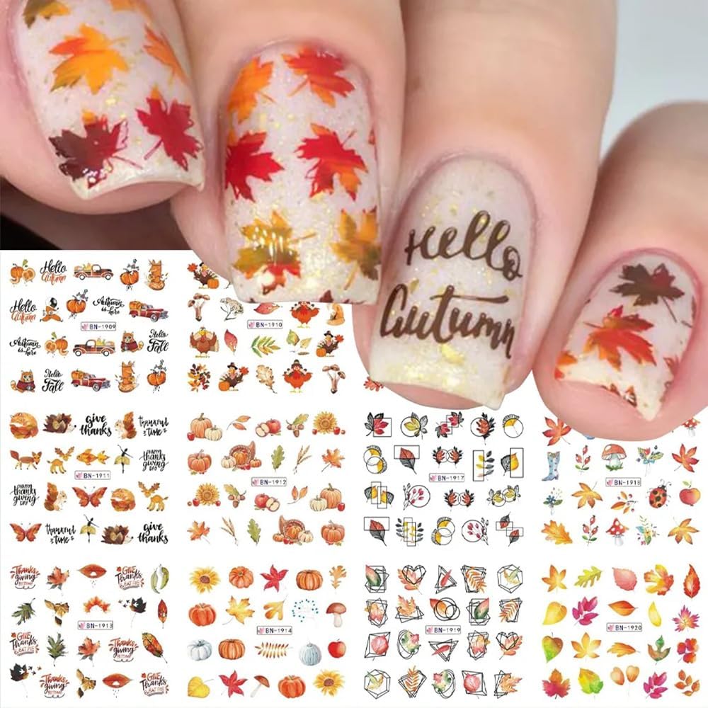 Fall Nail Art Stickers, Autumn Thanksgiving Water Transfer Nail Art Decals Maple Leaves Nail Supplies Turkey Pumpkin Design Nails Sticker for Women Acrylic Nail Maple Leaf Decorations 12 PCS