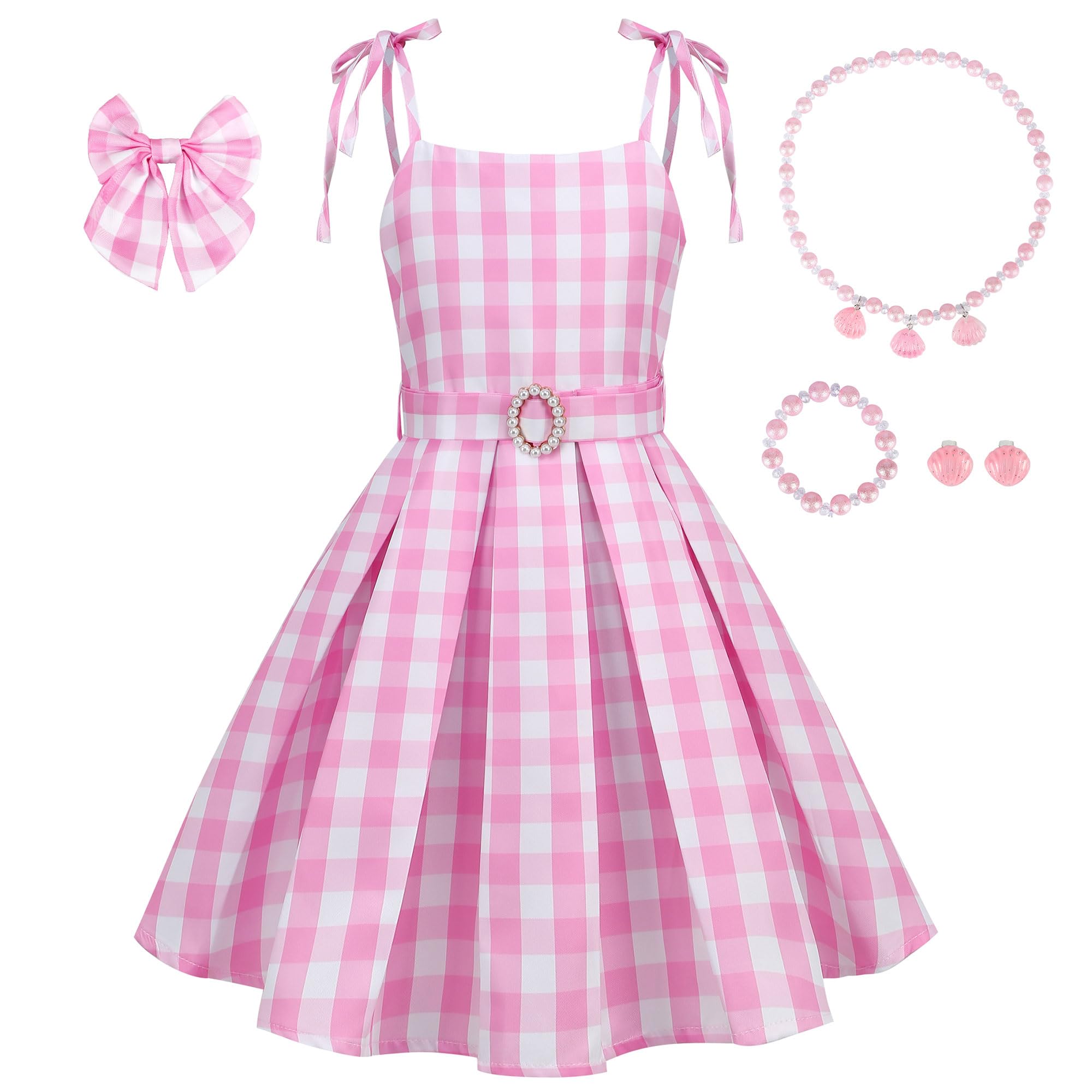 LAUPHIE Girls Pink Costume Dress Movie Heroine Cosplay Outfit Gingham Dress for Kids Party Birthday Dress Up