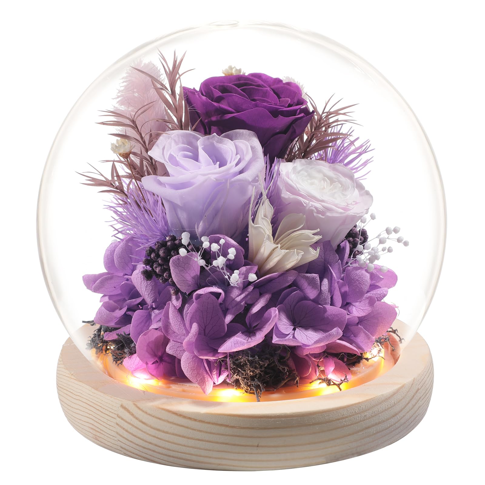 Forever Flowers Glitter Roses Gifts for Women Mom Grandma Her as Mothers Day Flower Gifts, Birthday Gifts, Anniversaries Gifts.Three Preserved Flowers Purple Rose with LED Light in a Glass Dome