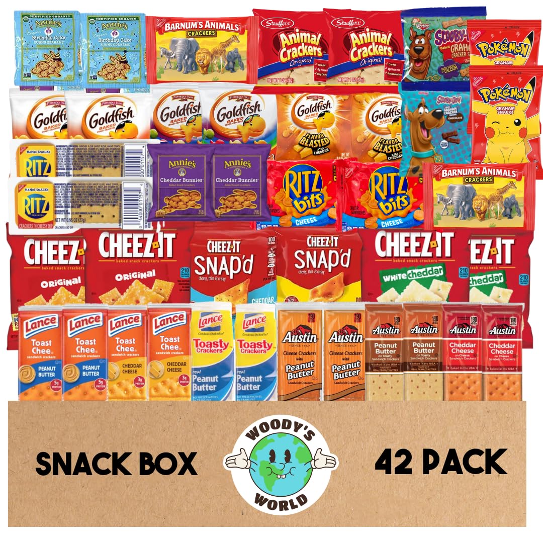 (42 Count) Snack Box by Woody's World - Crackers Variety Pack Individually Wrapped Assortment Including Crackers and Cheese Snack Pack, Crackers with Peanut Butter, Lance, Goldfish, Ritz, Austin, Cheez-Its and More Bulk Kids Party Care Package, Snacks, Lunch