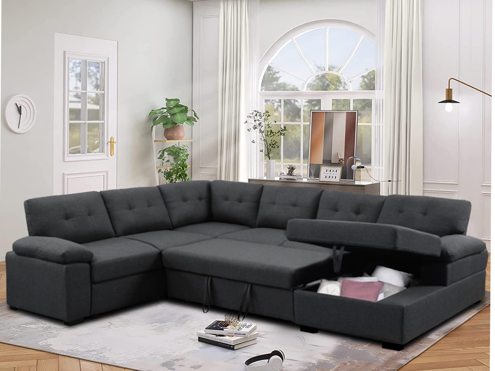 asunflower Sleeper Sofa Couch Modular Sectional Sofa Sleeper with Pull Out Bed 6 Seater Sleeper Couch with Storage U Shaped Sofa Bed Couch for Living Room, Dark Grey