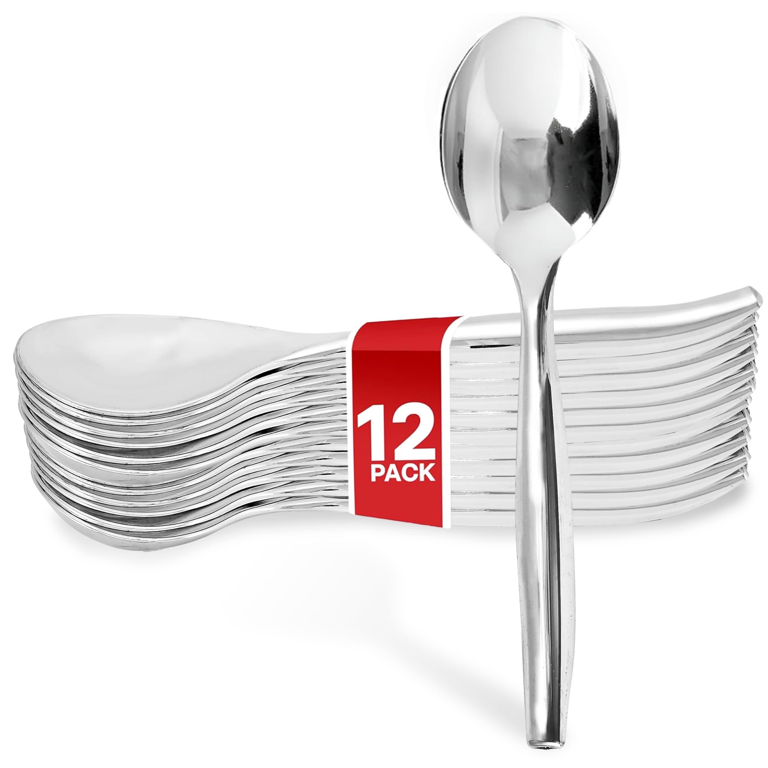 Stock Your Home 12 Count 10-Inch Disposable Serving Spoons, Silver Plastic Serving Spoons for Catering Weddings, Holiday Parties, and More, Large Plastic Serving Utensils for Buffet, Party Spoons,