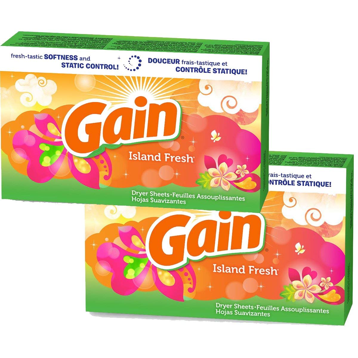 Gain Dryer Sheets - Island Fresh Scent - 34 Count Dryer Sheets Per Box - Pack of 2