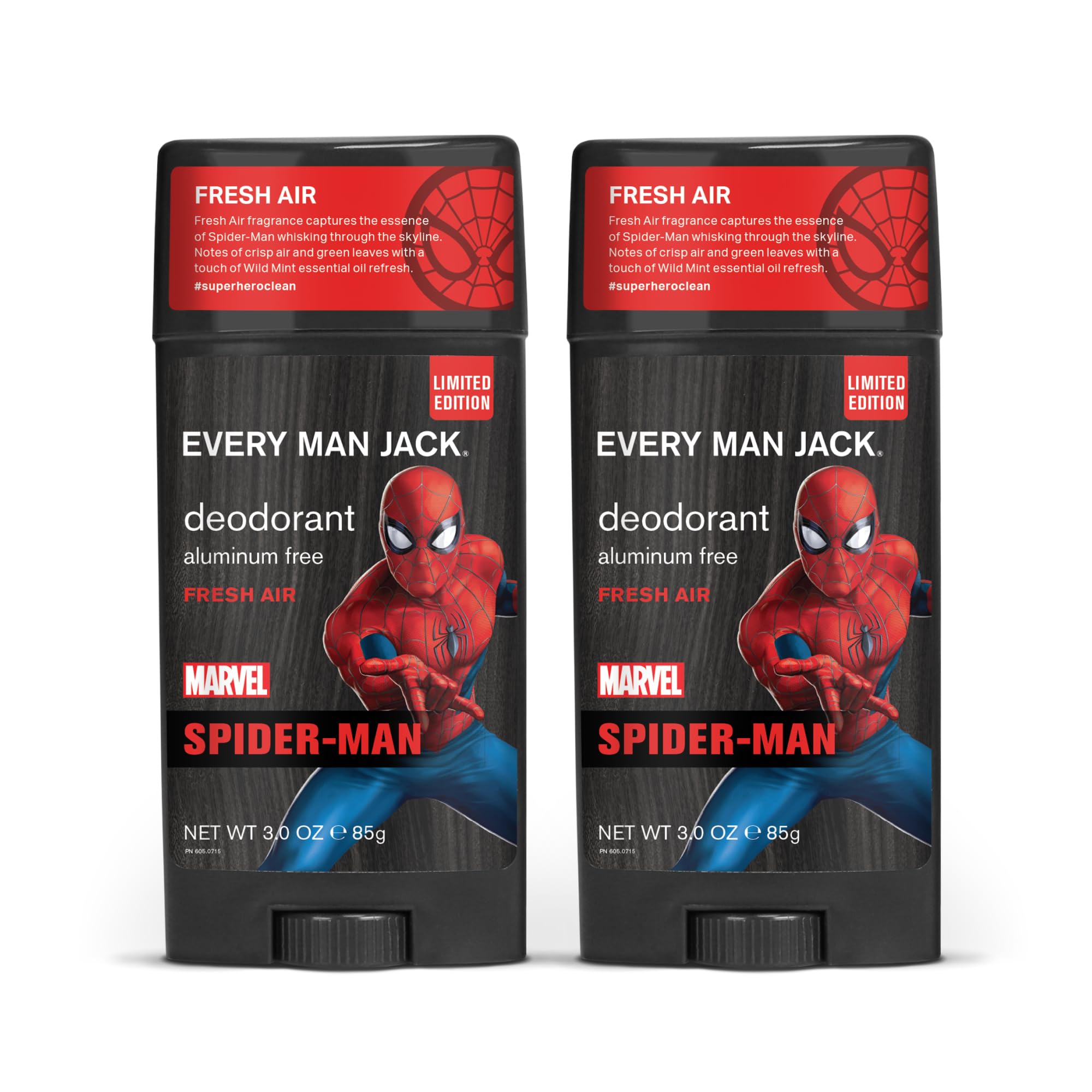 Every Man Jack Deodorant - Marvel Spider-Man | 3-ounce Twin Pack - 2 Sticks Included | Naturally Derived, Aluminum Free, Parabens-free, Phthalate-free, Dye-free, and Certified Cruelty Free