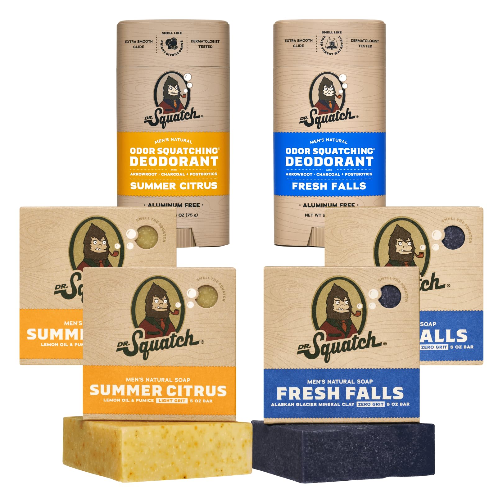 Dr. Squatch Manly Soap and Deodorant Variety Pack - Handmade with Organic Oils, Aluminum-Free - Summer Citrus and Fresh Falls - Men's Natural Soap